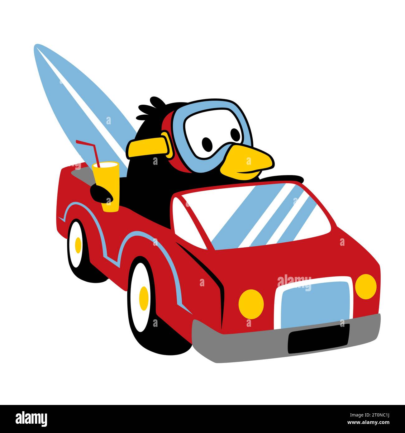 Cute penguin wearing diving goggles with surfboard on a car vector