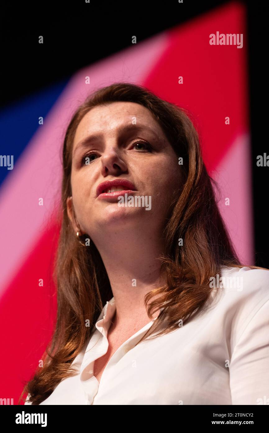 Alison McGovern ( Labour MP for Wirral South ) welcomes delegates prior to Angela Rayner Deputy Leader's peech, Shadow Deputy Prime Minister and Shadow Secretary of State for Levelling Up, Housing and Communities at the Labour Conference 2023. Watched by labour leader Keir Starmer and members of the shadow cabinet.Liverpool UK.  Picture: garyroberts/worldwidefeatures.com Stock Photo