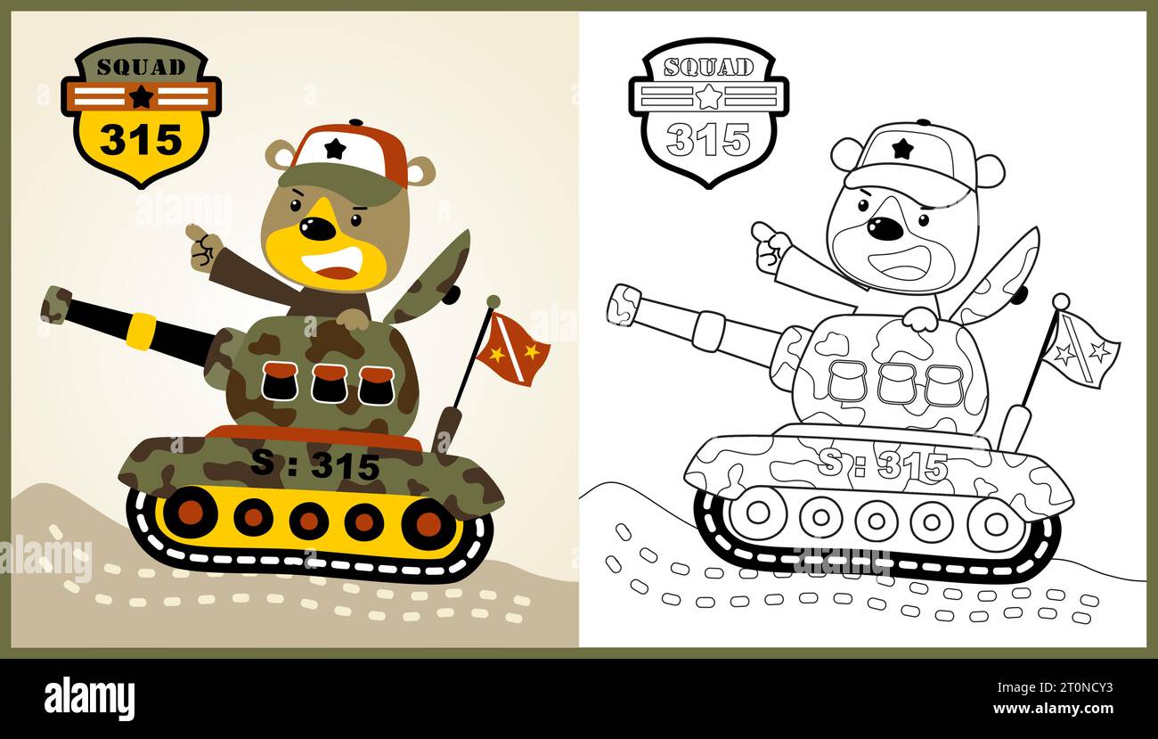 vector cartoon of funny bear soldier driving armored vehicle, coloring page or book Stock Vector