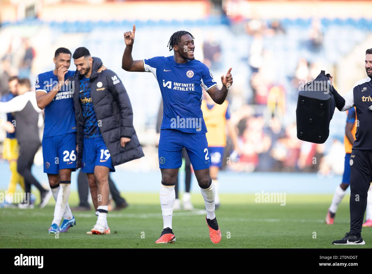 Axel Disasi of Chelsea dances at the final whistle during the Premier League match between Burnley and Chelsea at Turf Moor, Burnley, on Saturday 7th October 2023. (Photo: Pat Scaasi | MI News) Credit: MI News & Sport /Alamy Live News Stock Photo