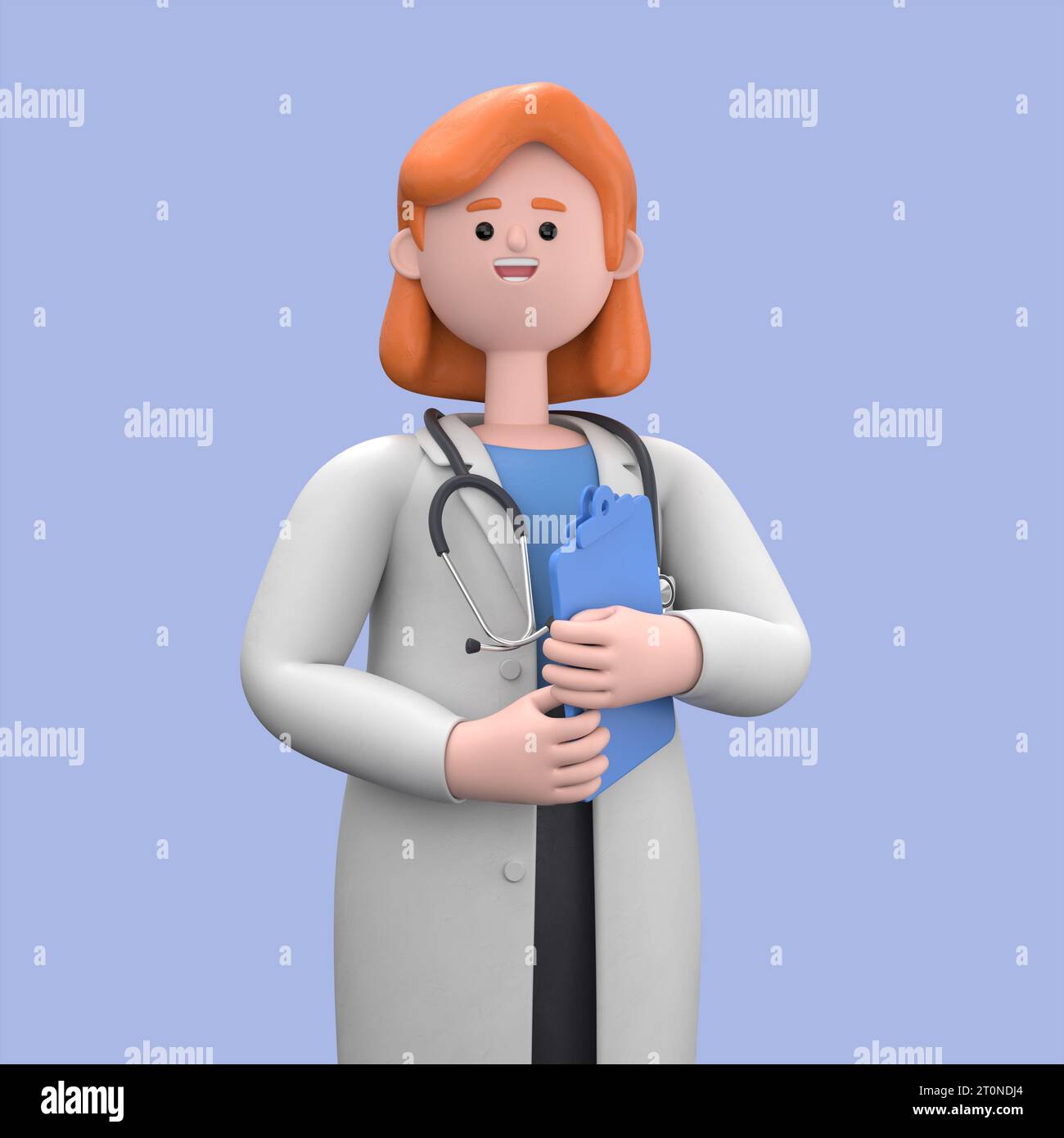 3D illustration of Female Doctor Nova holds blue clipboard. Professional caucasian male specialist. Medical clip art isolated on blue background. Hosp Stock Photo