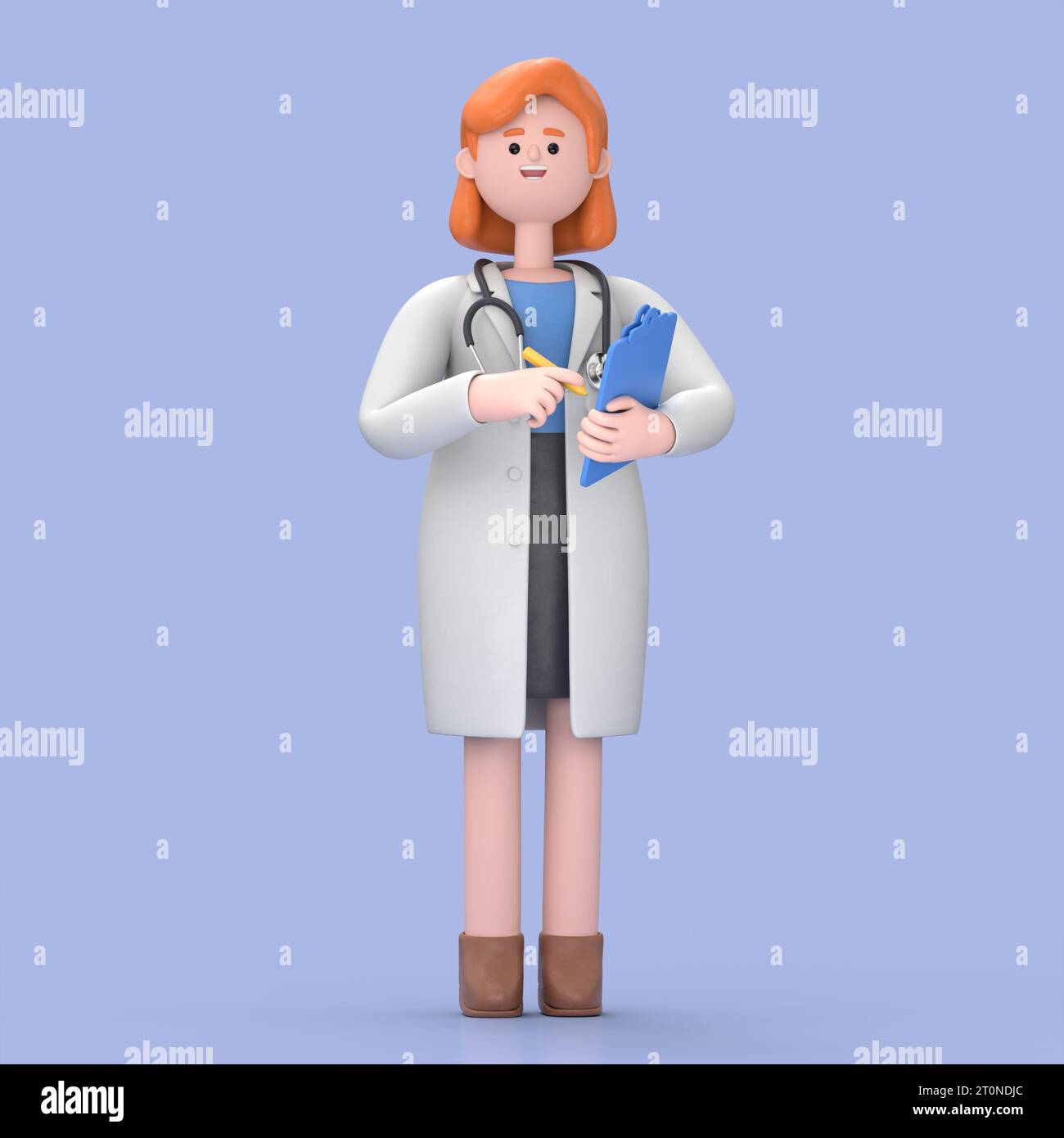 3D illustration of Female Doctor Nova holds blue clipboard. Professional caucasian male specialist. Medical clip art isolated on blue background. Hosp Stock Photo