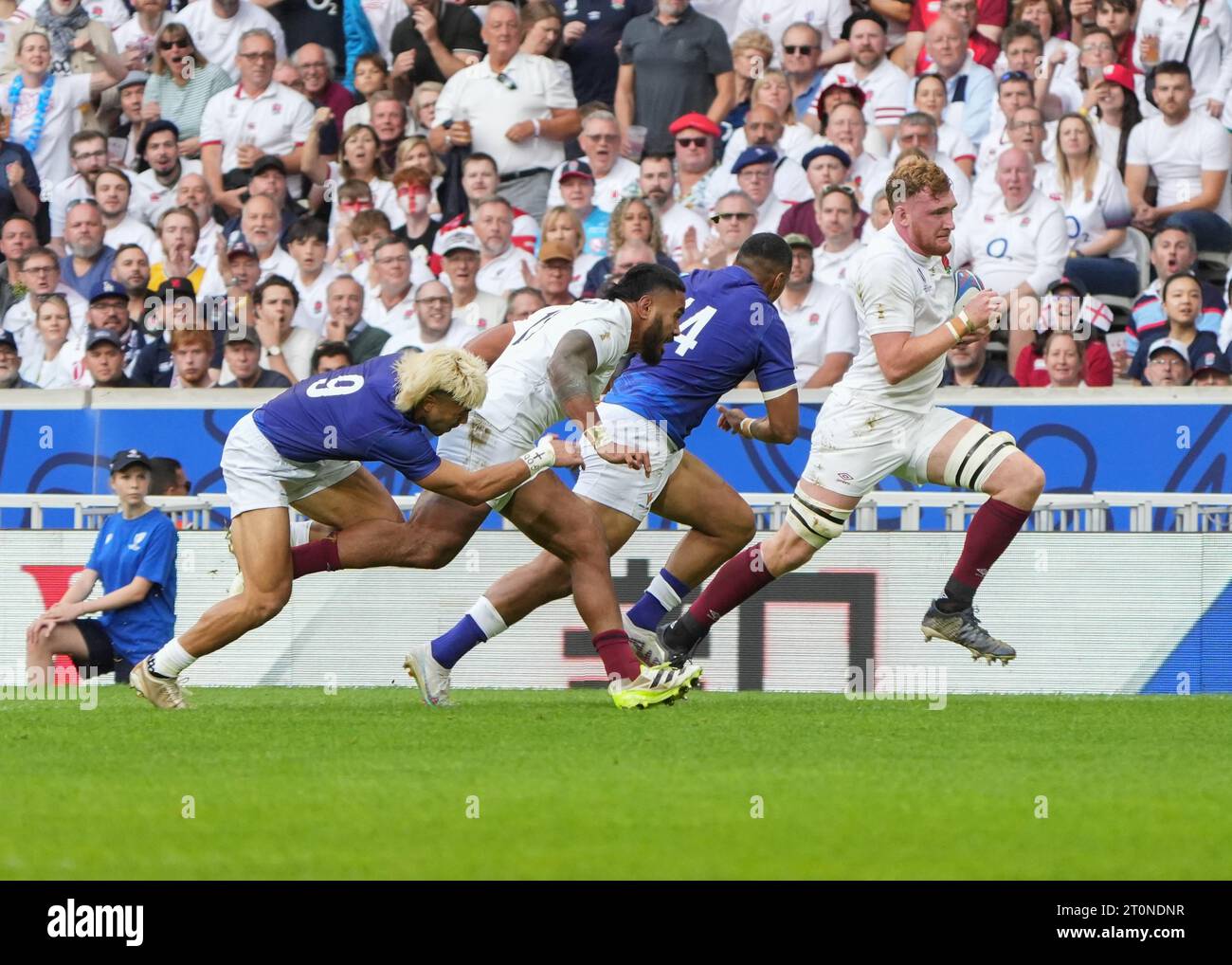 Manu Tuilagi and Ollie Chessum of England during the World Cup 2023, Pool D rugby union match between England and Samoa on October 7, 2023 at Pierre Mauroy stadium in Villeneuve-d'Ascq near Lille, France - Photo Laurent Lairys / DPPI Stock Photo