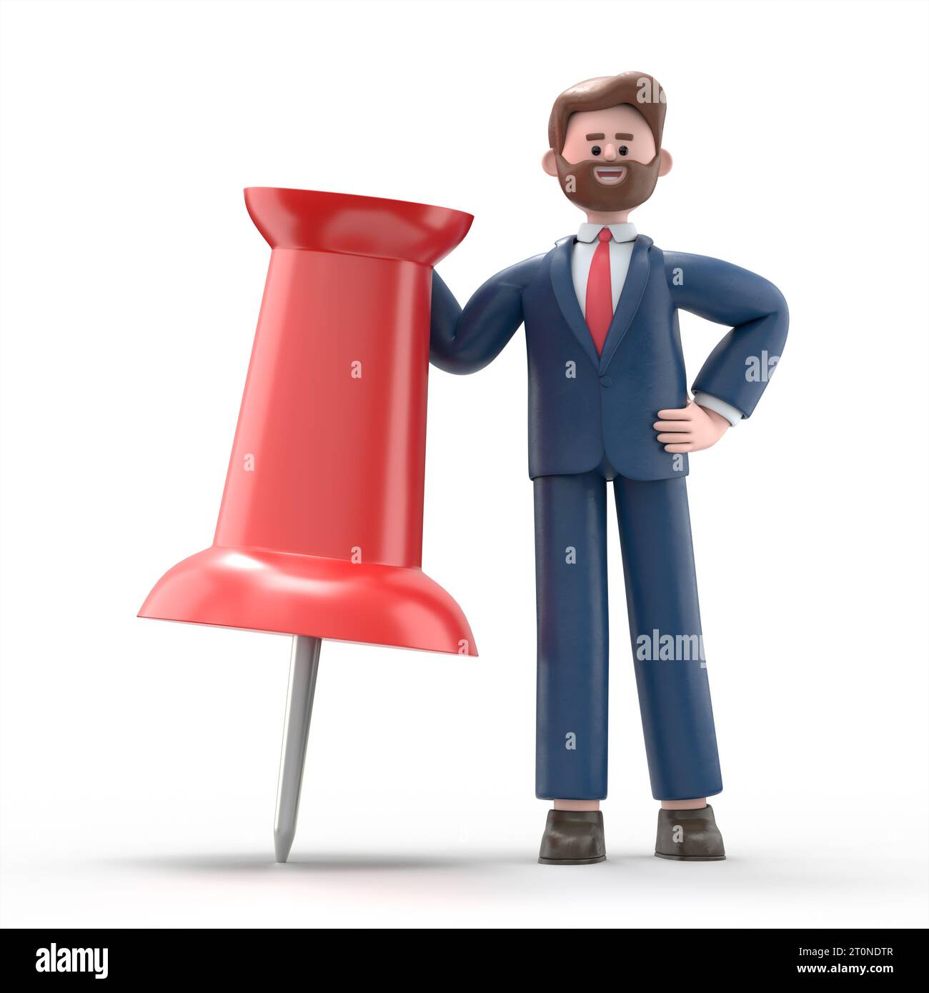 3D illustration of american businessman Bob leaning on a huge red pushpin.3D rendering on white background. Stock Photo