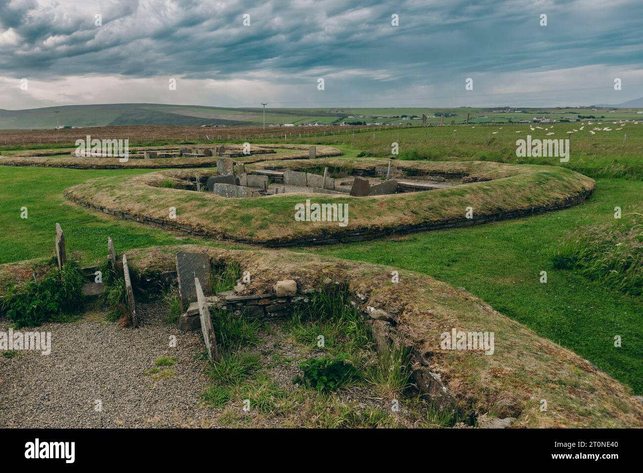 Neolithic settlement Barnhouse near the Stones of Stenness in Orkney, Scotland. Stock Photo