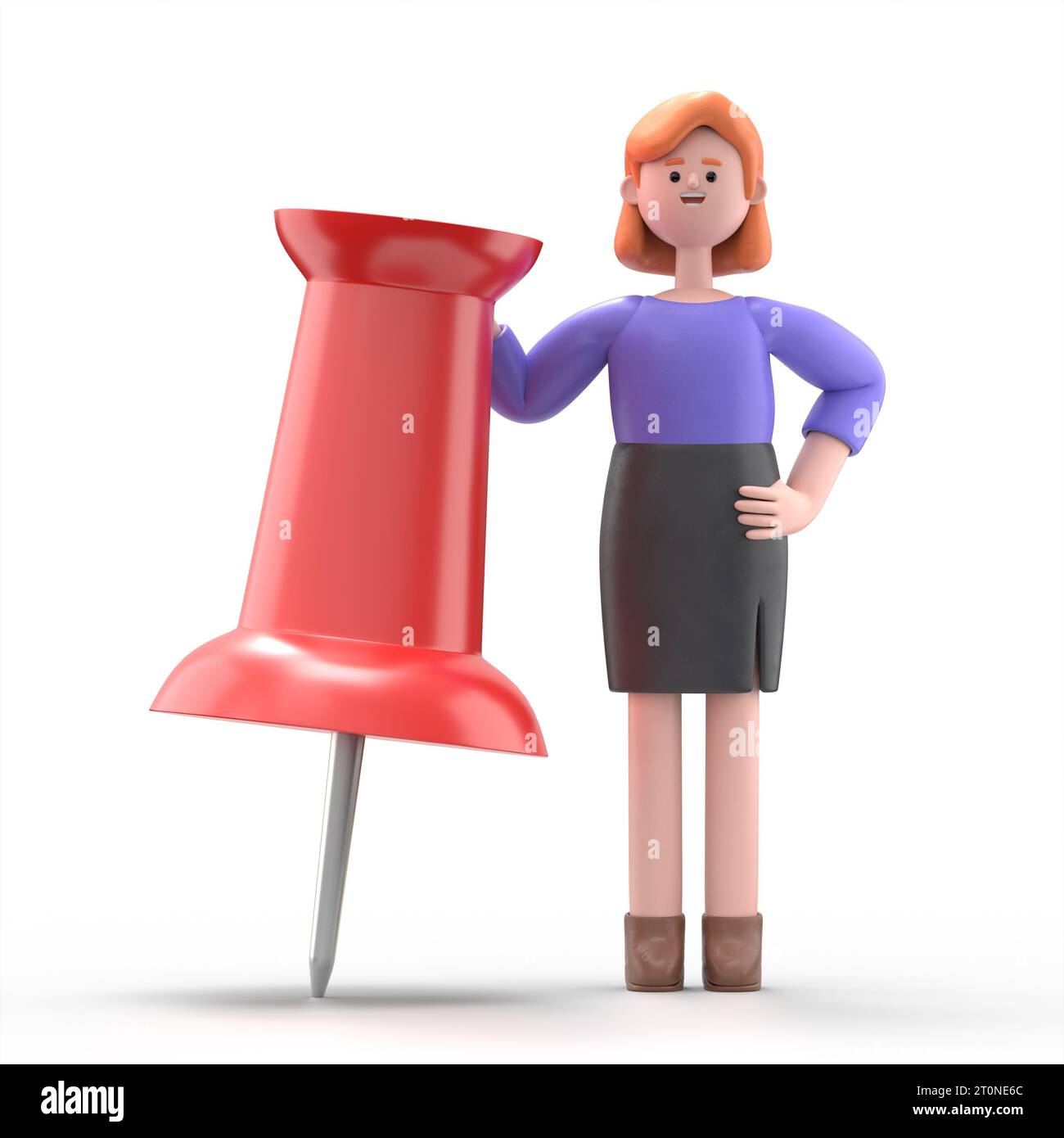3D illustration of European businesswoman Ellen leaning on a huge red pushpin.3D rendering on white background. Stock Photo