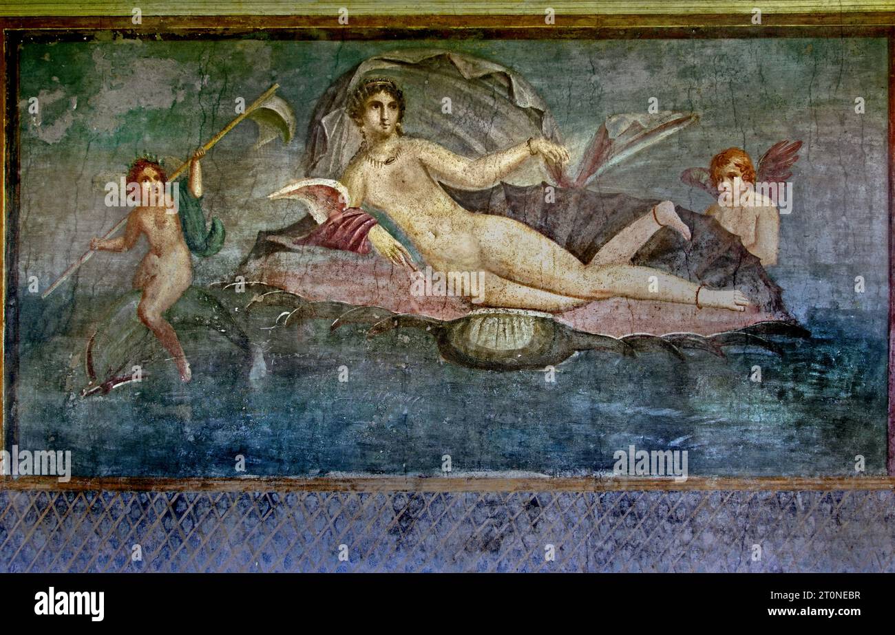 Venus in a seashell with Cupids. It decorated the garden walls of The House of Venus, Fresco Pompeii Roman City is located near Naples in the Campania region of Italy. Pompeii was buried under 4-6 m of volcanic ash and pumice in the eruption of Mount Vesuvius in AD 79. Italy Stock Photo