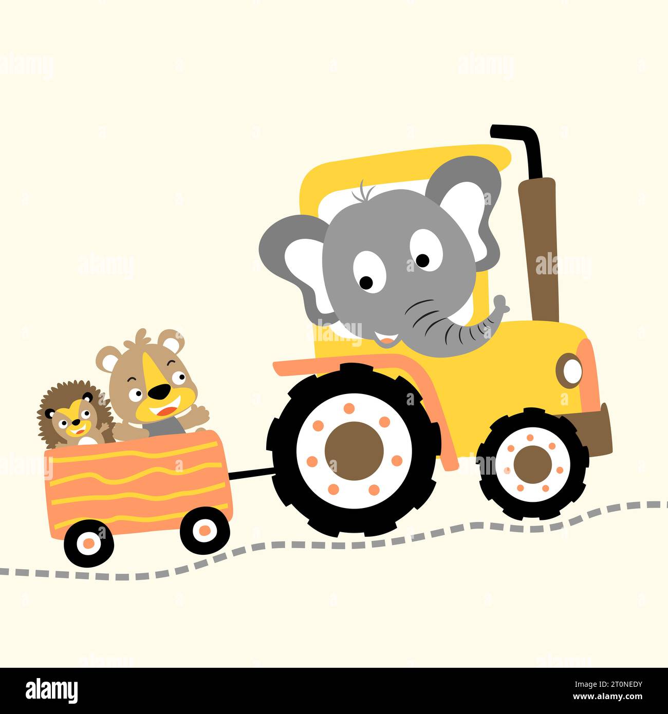 Funny elephant driving tractor pulling bear and hedgehog with cart