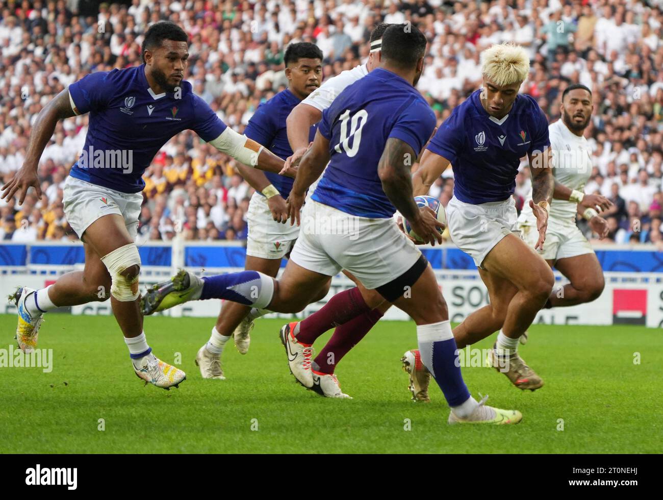 Lille, France. 07th Oct, 2023. Jonathan Tamateine and Tumua Manu of Saoma during the World Cup 2023, Pool D rugby union match between England and Samoa on October 7, 2023 at Pierre Mauroy stadium in Villeneuve-d'Ascq near Lille, France - Photo Laurent Lairys/ABACAPRESS.COM Credit: Abaca Press/Alamy Live News Stock Photo