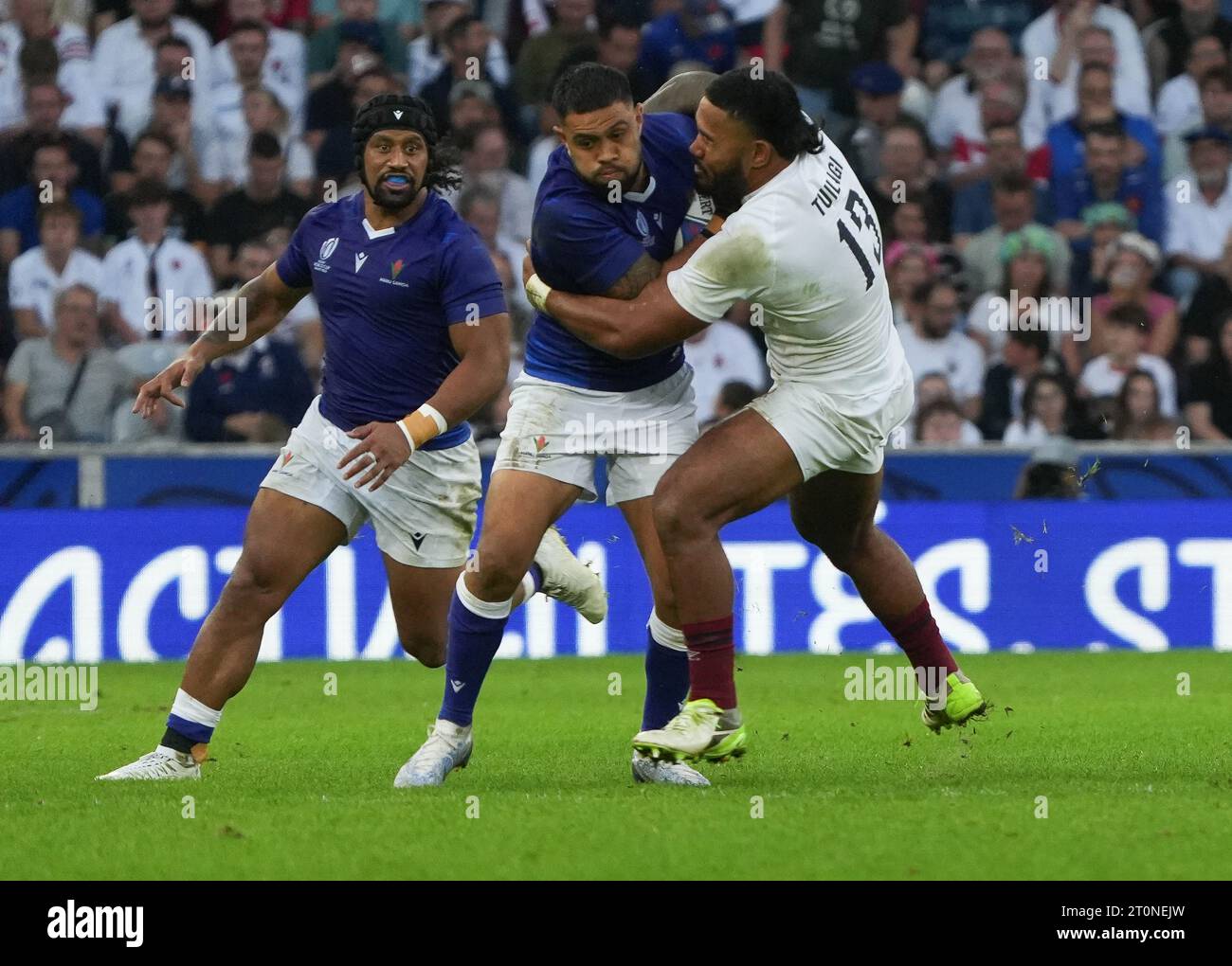 Lille, France. 07th Oct, 2023. Neria Fomai, Michael Alaalatoao of Saoma and Manu Tuilagi of England during the World Cup 2023, Pool D rugby union match between England and Samoa on October 7, 2023 at Pierre Mauroy stadium in Villeneuve-d'Ascq near Lille, France - Photo Laurent Lairys/ABACAPRESS.COM Credit: Abaca Press/Alamy Live News Stock Photo