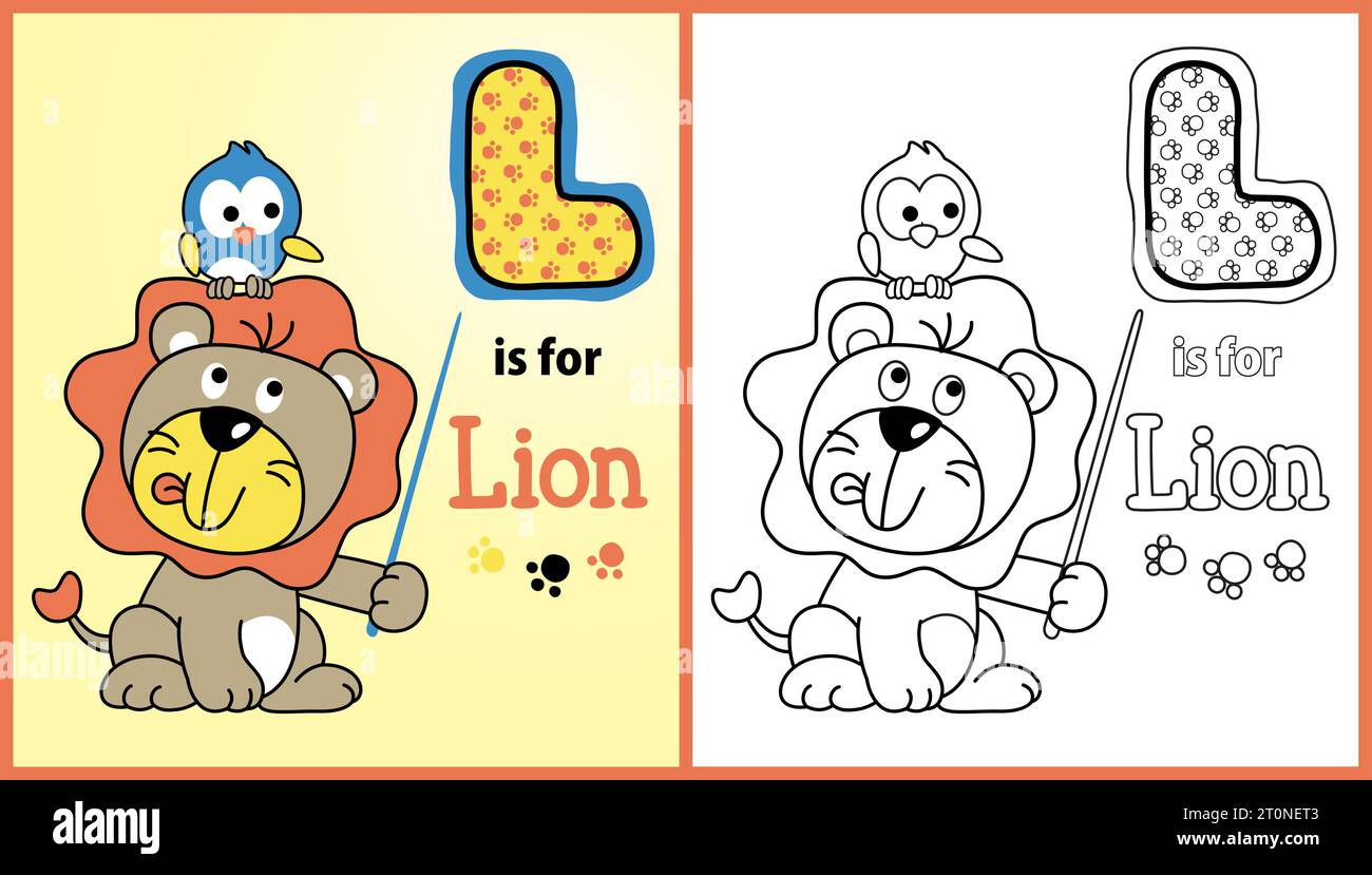 Cute lion with little bird learn to reading, vector cartoon illustration, coloring page or book Stock Vector
