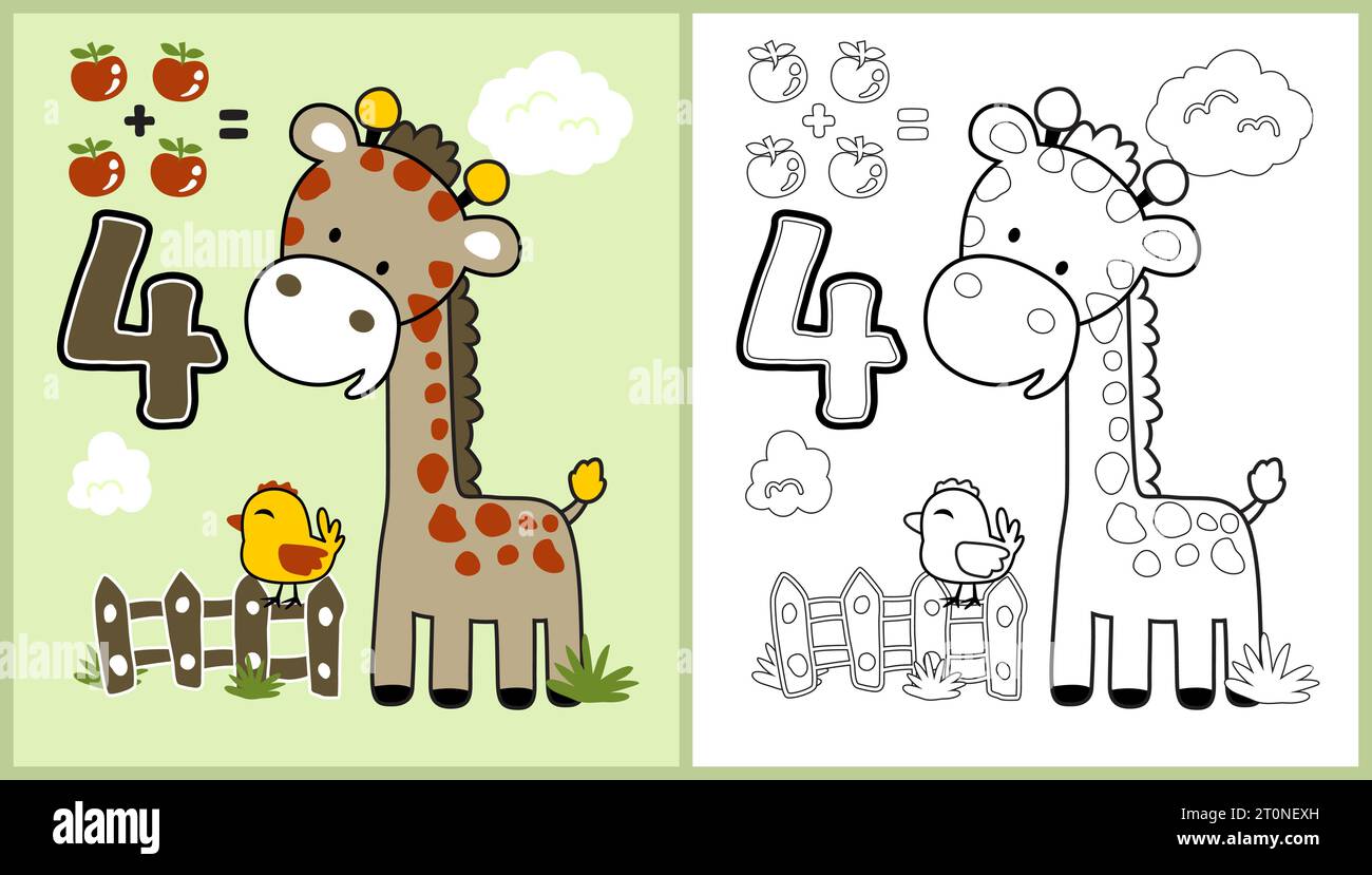 Cute giraffe and chick counting fruits, vector cartoon illustration, coloring page or book Stock Vector