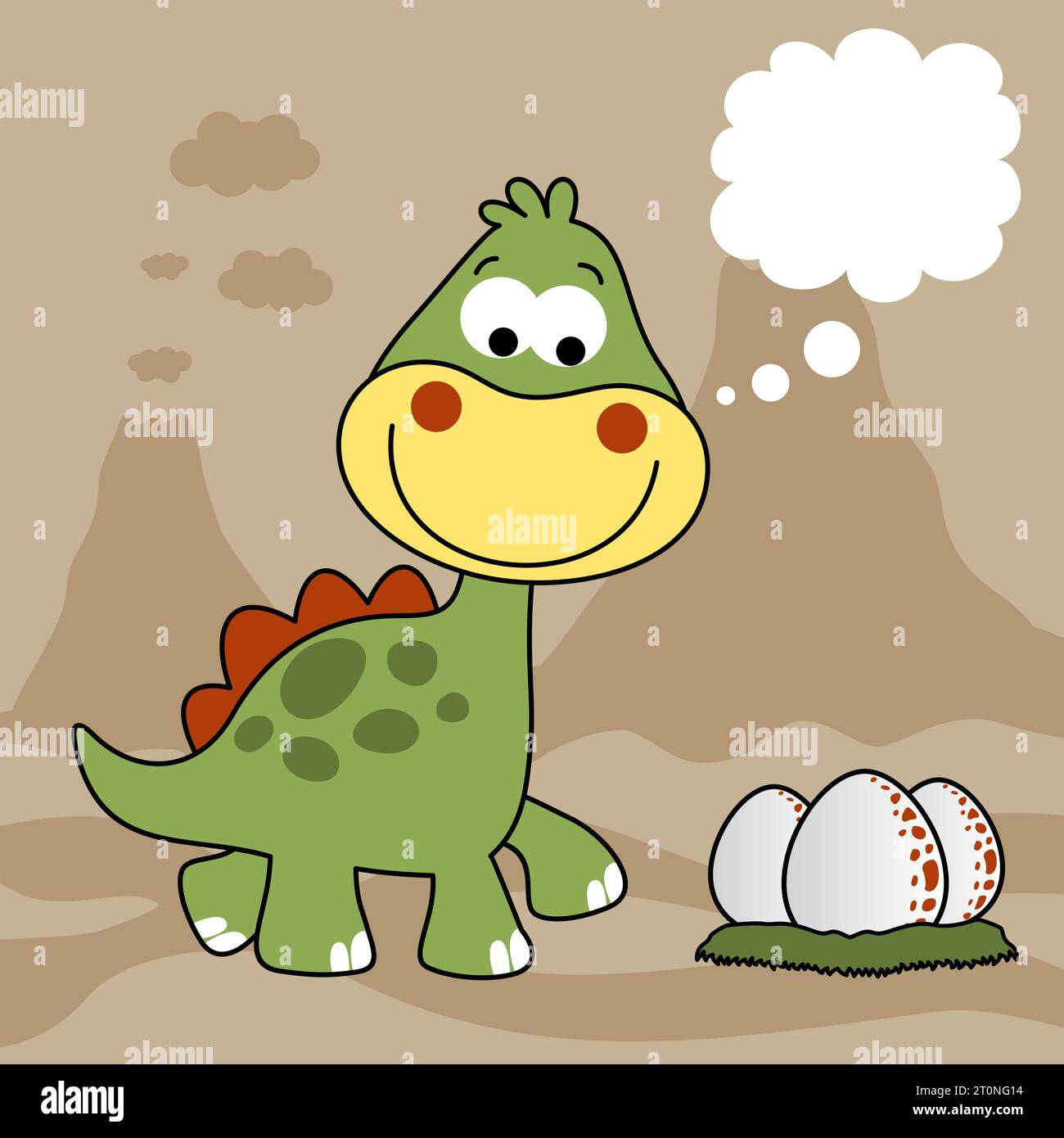 Cute dinosaur with its eggs on volcanoes background, vector cartoon ...