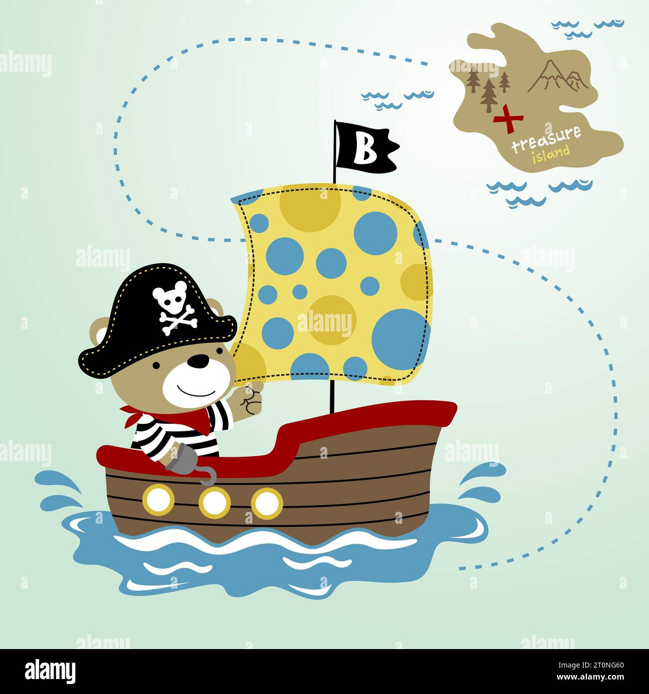 Cute bear in pirate costume on sailboat going to treasure island ...