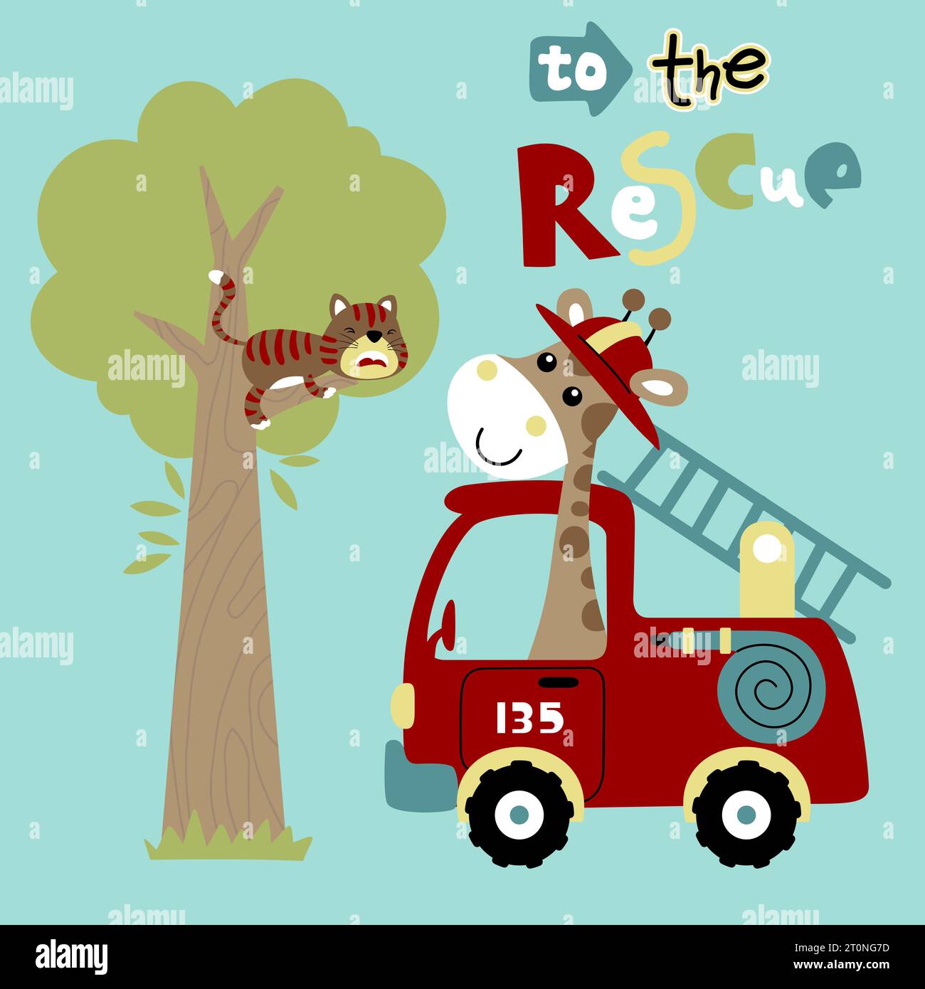 Cute giraffe on firetruck save the cat on tree, vector cartoon