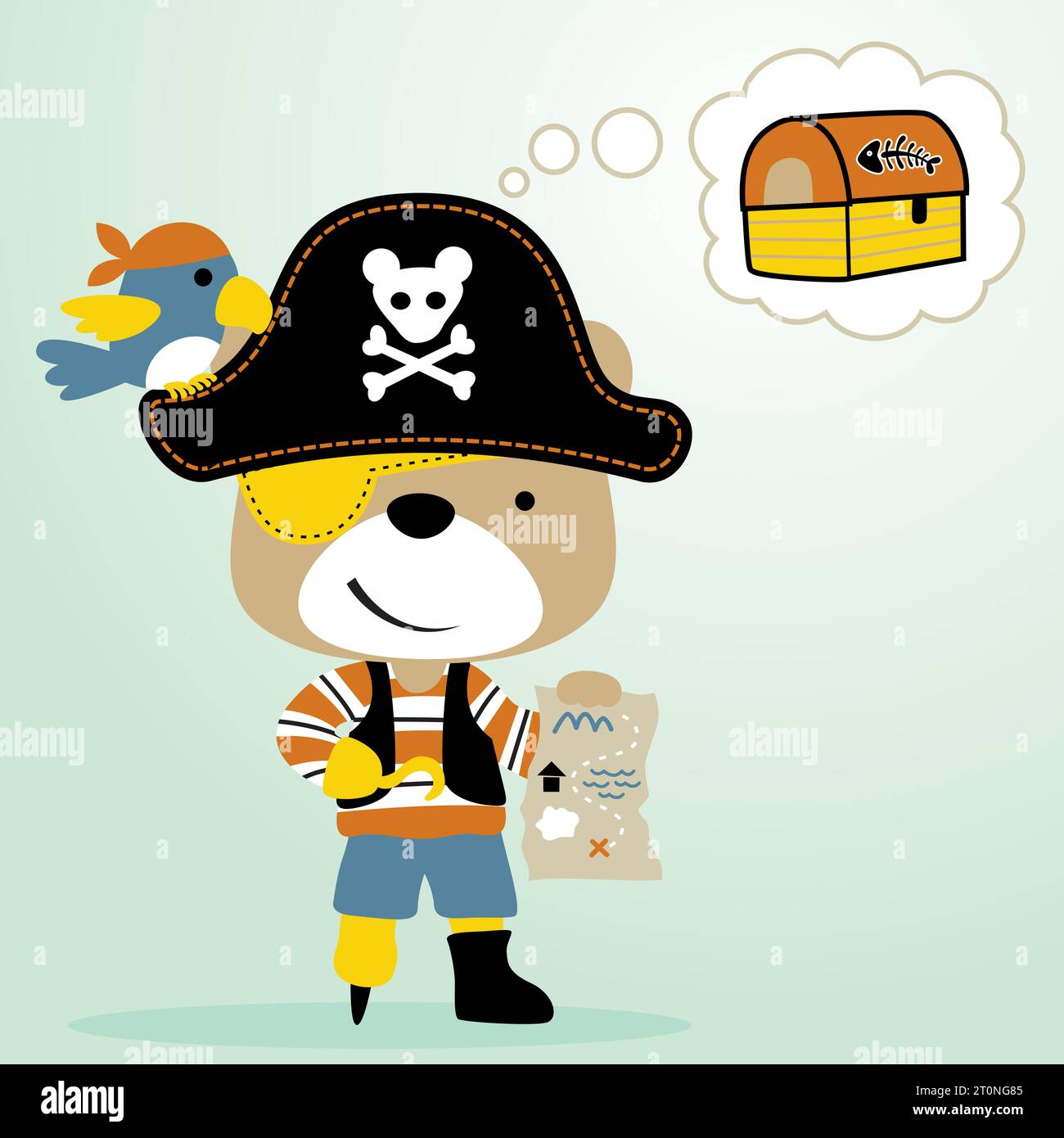 funny bear in pirate costume with cute bird, pirate element, vector ...