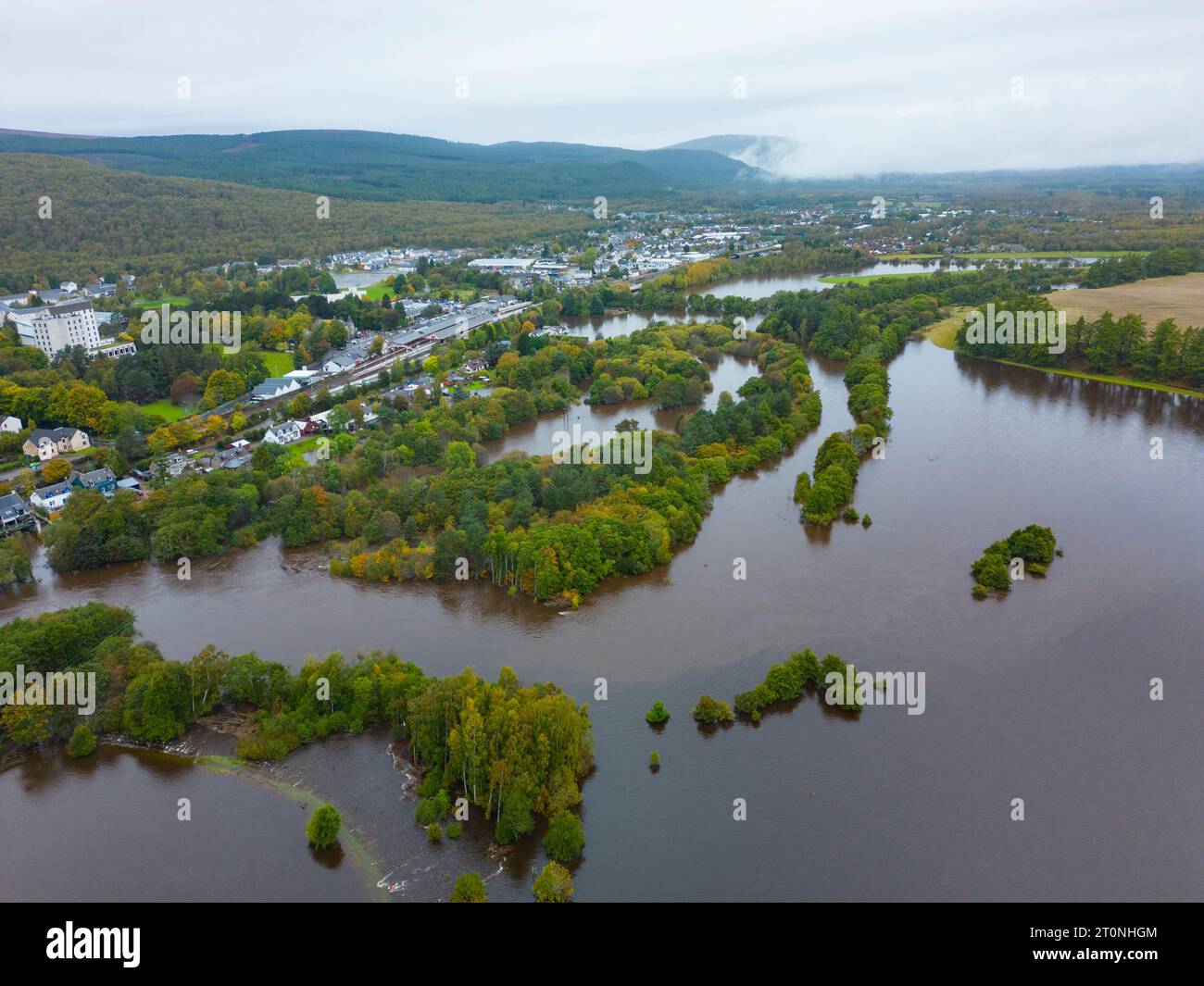 Aviemore, Scotland, UK. 8th October 2023. Views of the River Spey which today broke its banks  and caused flooding in Aviemore after prolonged heavy rain. Several houses were affected by the floodwater.  Iain Masterton/Alamy Live News Stock Photo