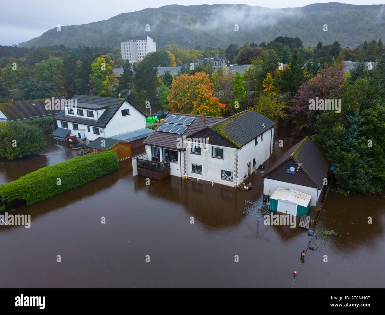 Aviemore, Scotland, UK. 8th October 2023. Views of the River Spey which today broke its banks  and caused flooding in Aviemore after prolonged heavy rain. Several houses were affected by the floodwater.  Iain Masterton/Alamy Live News Stock Photo