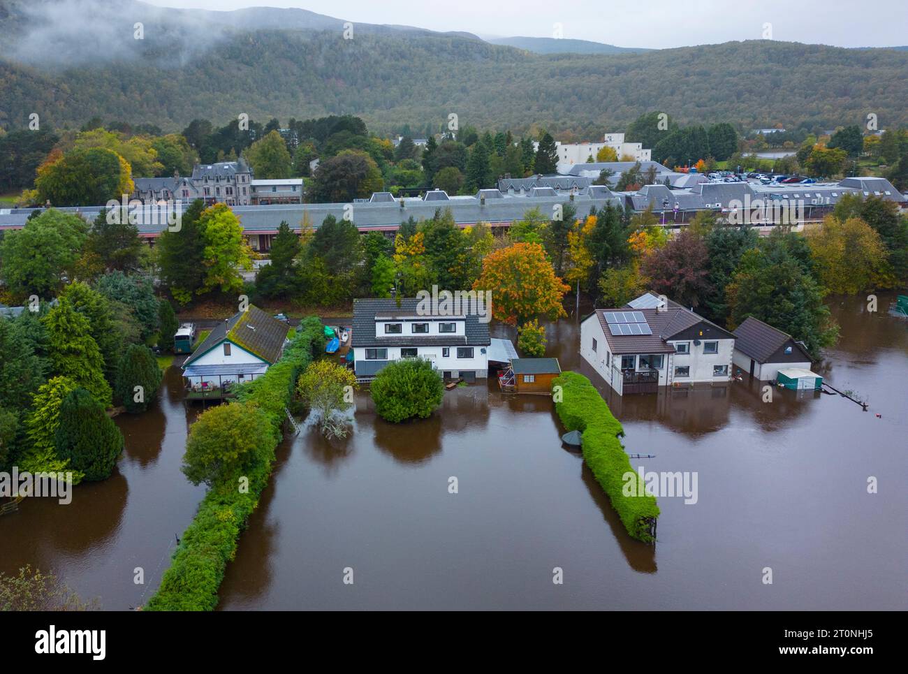 Aviemore, Scotland, UK. 8th October 2023. Views of the River Spey which today broke its banks  and caused flooding in Aviemore after prolonged heavy rain. Several houses were affected by the floodwater.  Iain Masterton/Alamy Live News Stock Photo