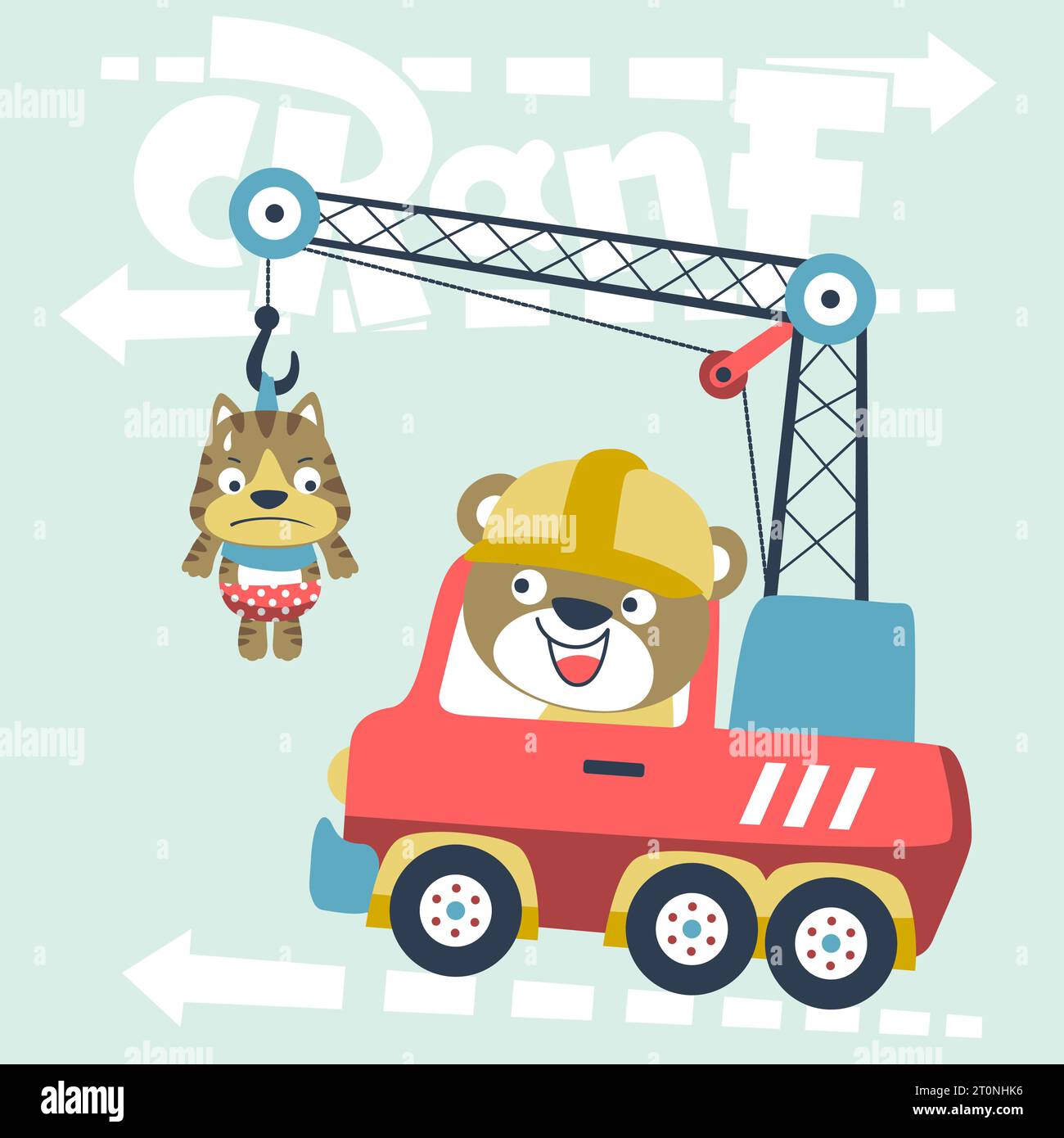 vector cartoon illustration of cute bear on crane truck with kitten Stock Vector