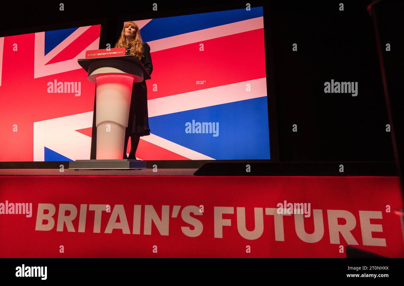 Angela Rayner Deputy Leader's speech, (Shadow Deputy Prime Minister and Shadow Secretary of State for Levelling Up, Housing and Communities) at the Labour Conference 2023. Watched by labour leader Keir Starmer and members of the shadow cabinet.Liverpool UK.  Picture: garyroberts/worldwidefeatures.com Stock Photo