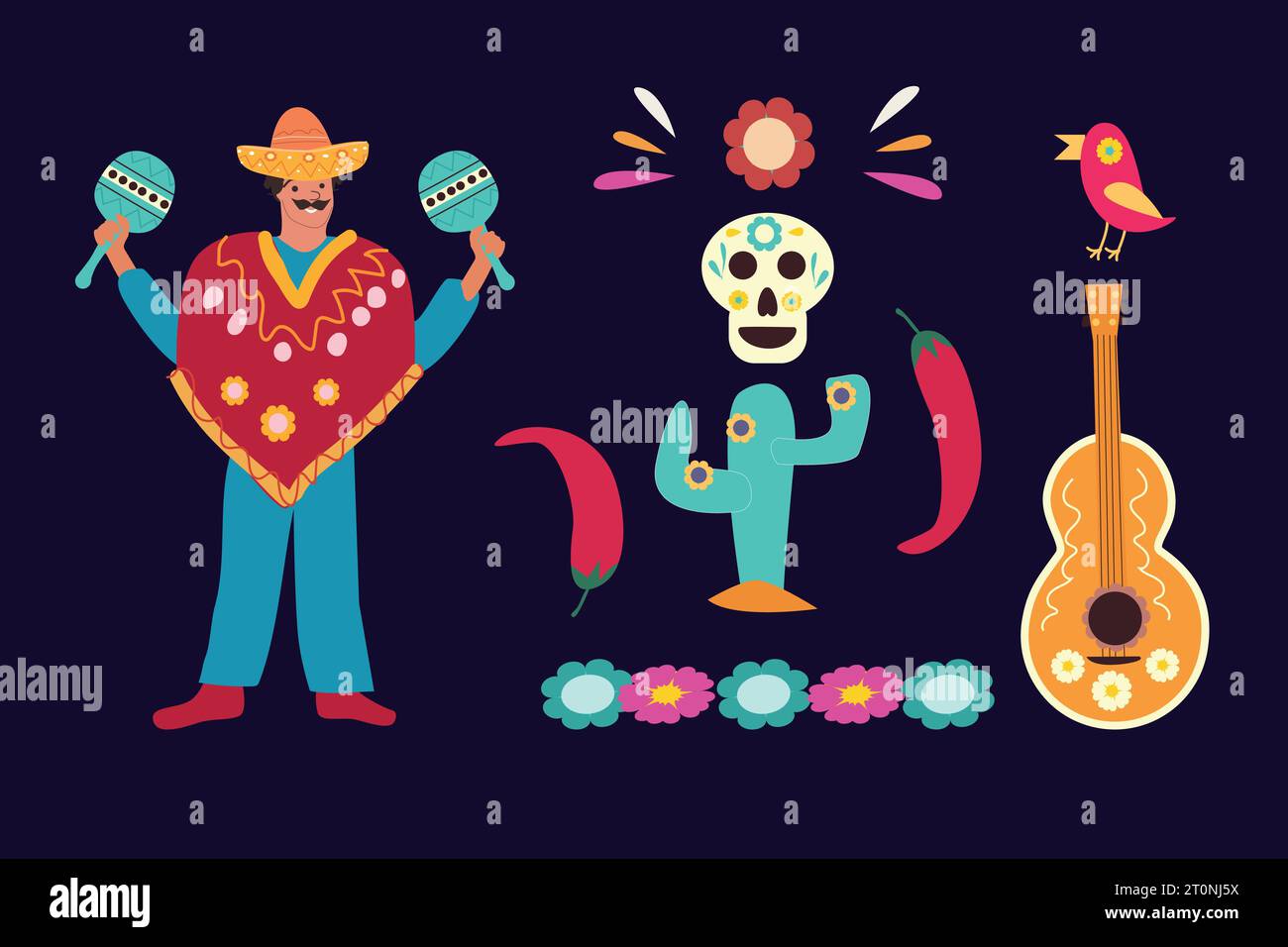 Mexican man in hat, cactus, guitar and maraca Stock Vector Image & Art ...