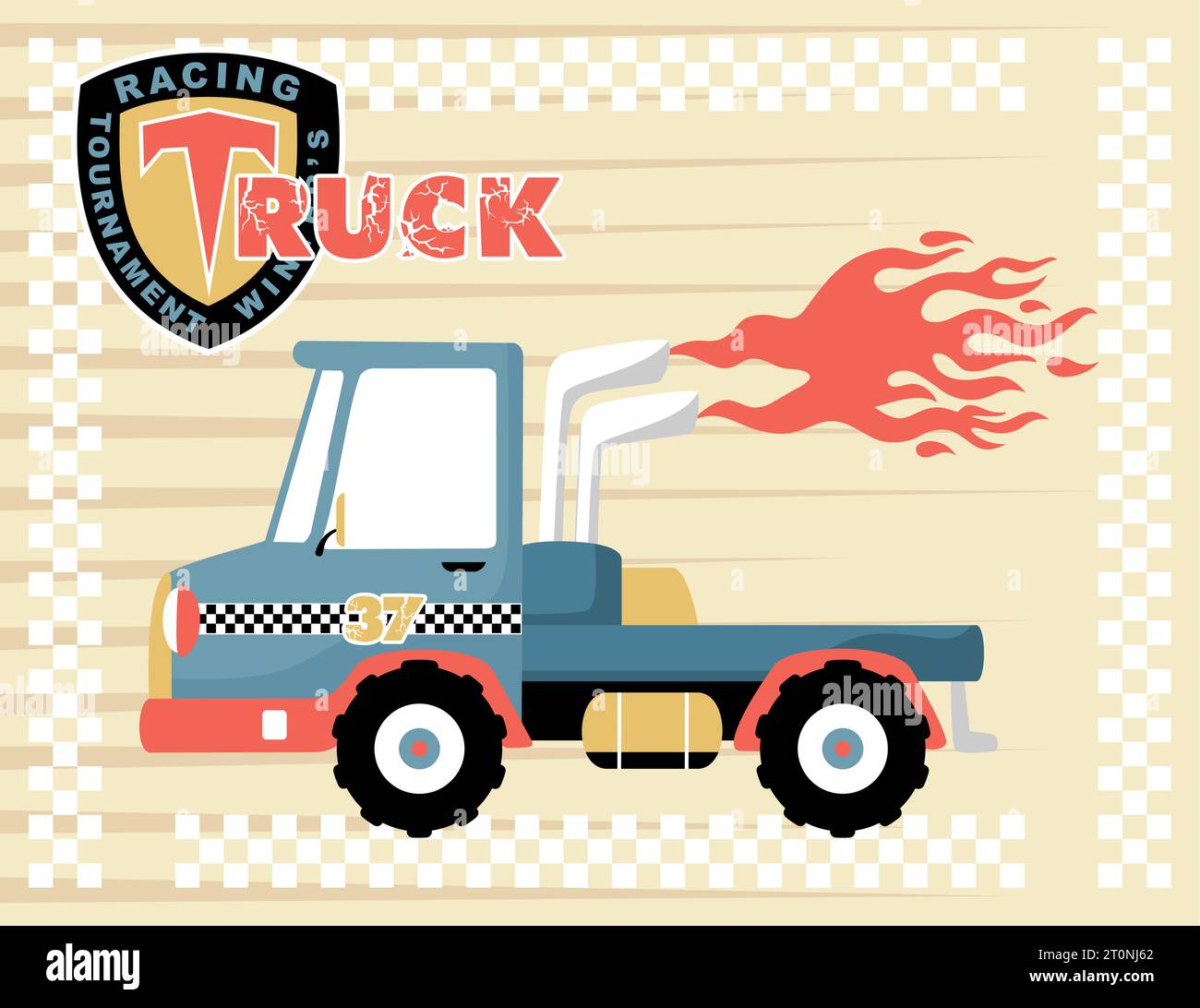 vector cartoon illustration of racing truck with flames Stock Vector