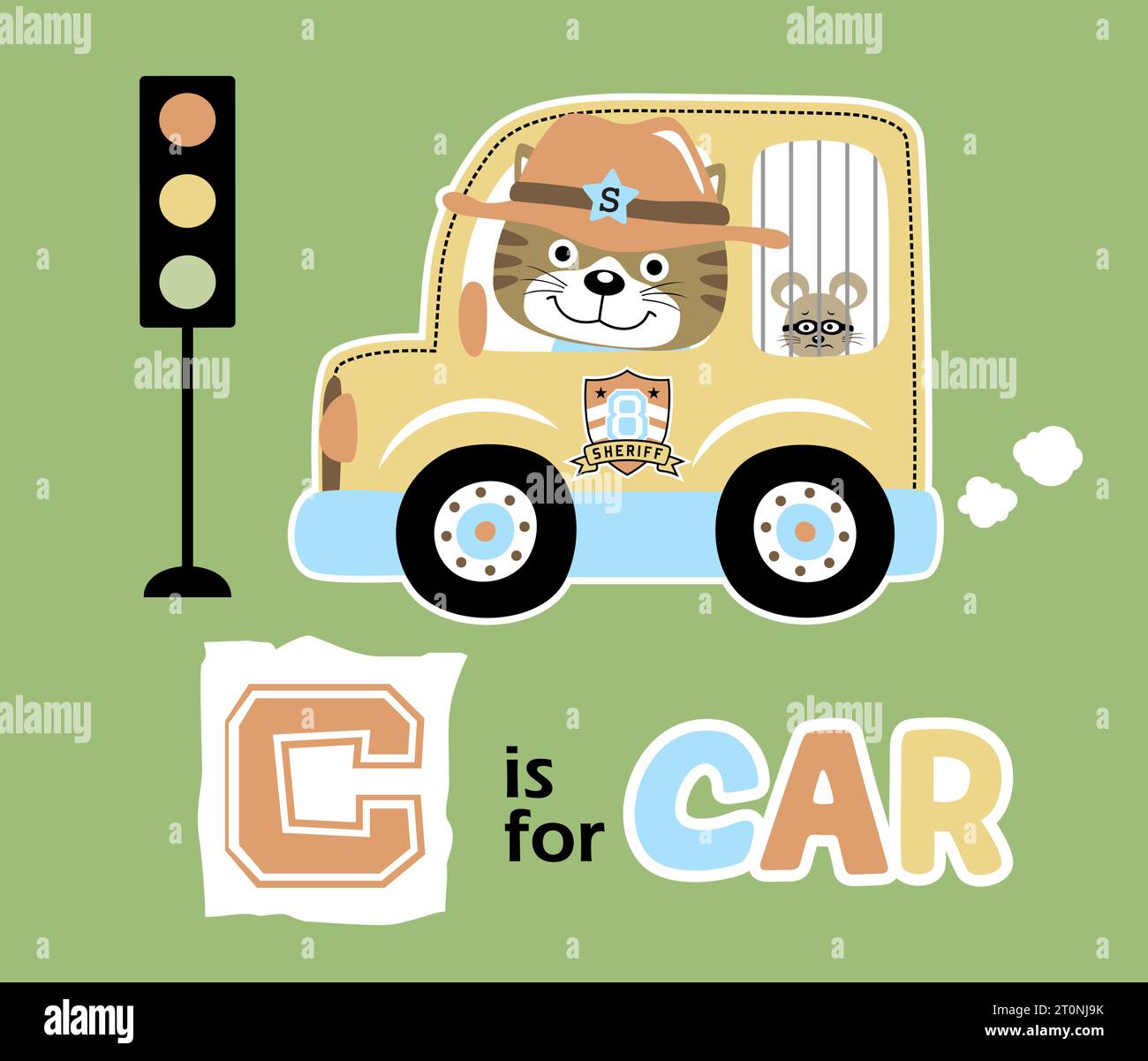 vector cartoon of funny cat the sheriff, driving prisoner vehicle catch with a criminal mice Stock Vector