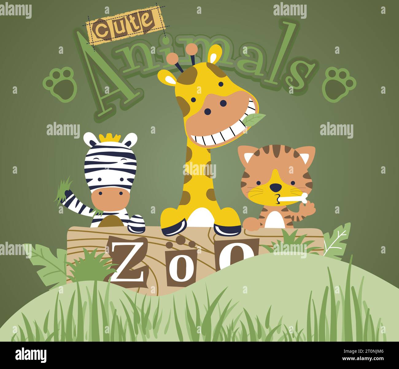 vector cartoon of cute animals in zoo text plank timber Stock Vector