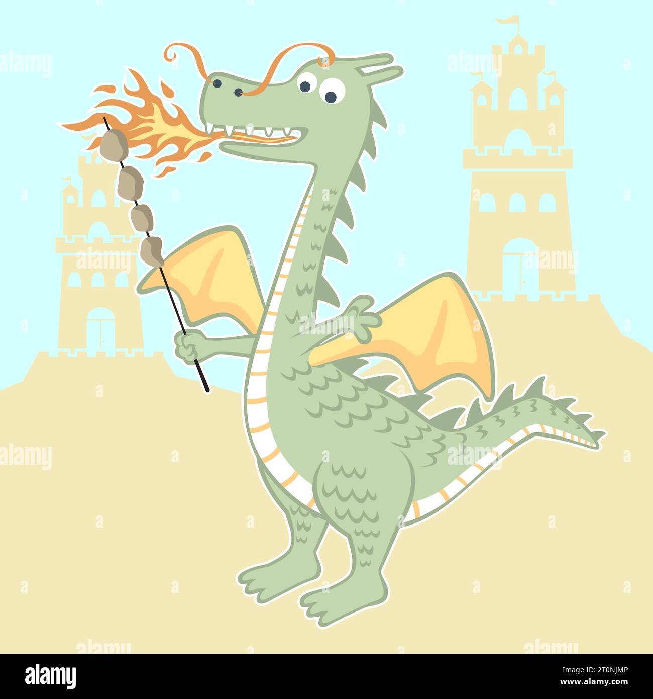 Funny dragon roasting meat with breathing fire on castle tower background, vector cartoon illustration Stock Vector