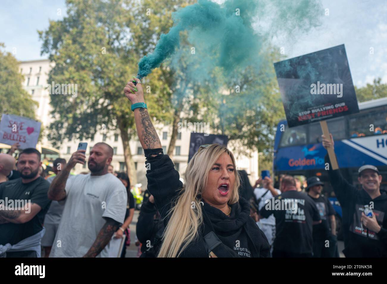 October 8, 2023, London, United Kingdom: Hundreds of demonstrators have marched in central London protesting against the British Prime Ministerâ€™s proposed ban on American XL bully dogs. The protesting owners did not bring their dogs to the march as they fear for their beloved pooches. The breed will be banned before the end of 2024 after it has been blamed for a rising number of fatal attacks on people. (Credit Image: © Velar Grant/ZUMA Press Wire) EDITORIAL USAGE ONLY! Not for Commercial USAGE! Stock Photo