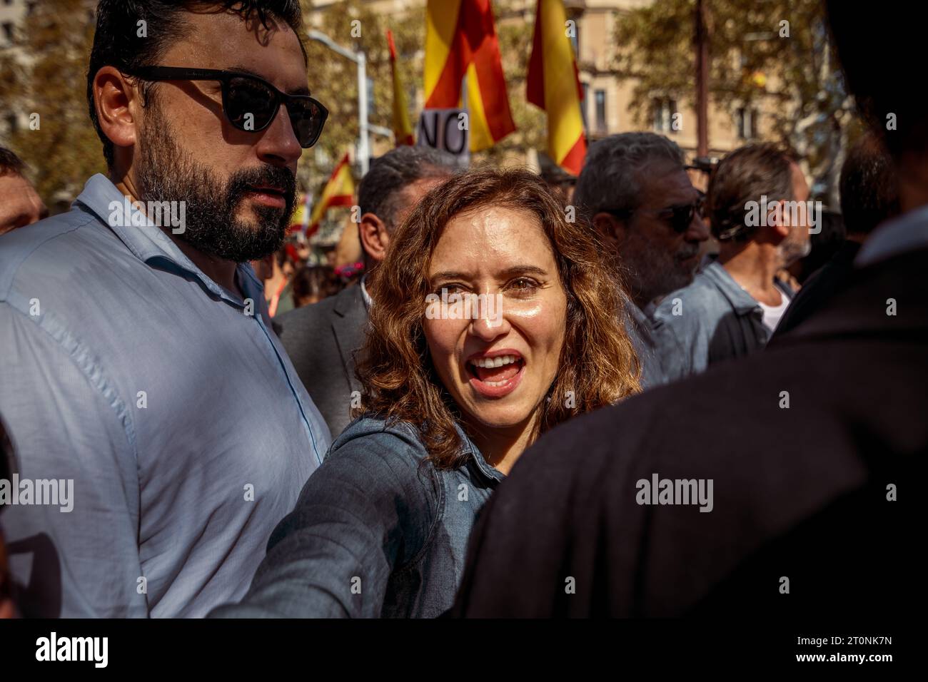Barcelona, Spain. 8th Oct, 2023. ISABEL DIAZ AYUSO, president of community of Madrid, participates in a protest against an amnesty offered to politicians who took part in an illegal referendum on Catalan independence in October 2017 in exchange for votes in the Spanish parliament to re-elect Pedro Sanchez under the slogan 'Not in my name. Neither amnesty nor self-government' Credit: Matthias Oesterle/Alamy Live News Stock Photo