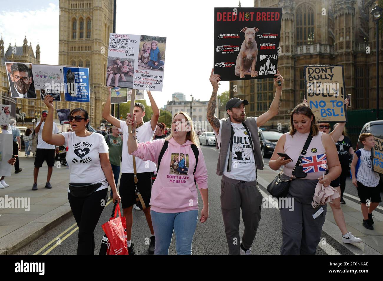 October 8, 2023, London, United Kingdom: Hundreds of demonstrators have marched in central London protesting against the British Prime Ministerâ€™s proposed ban on American XL bully dogs. The protesting owners did not bring their dogs to the march as they fear for their beloved pooches. The breed will be banned before the end of 2024 after it has been blamed for a rising number of fatal attacks on people. (Credit Image: © Velar Grant/ZUMA Press Wire) EDITORIAL USAGE ONLY! Not for Commercial USAGE! Stock Photo