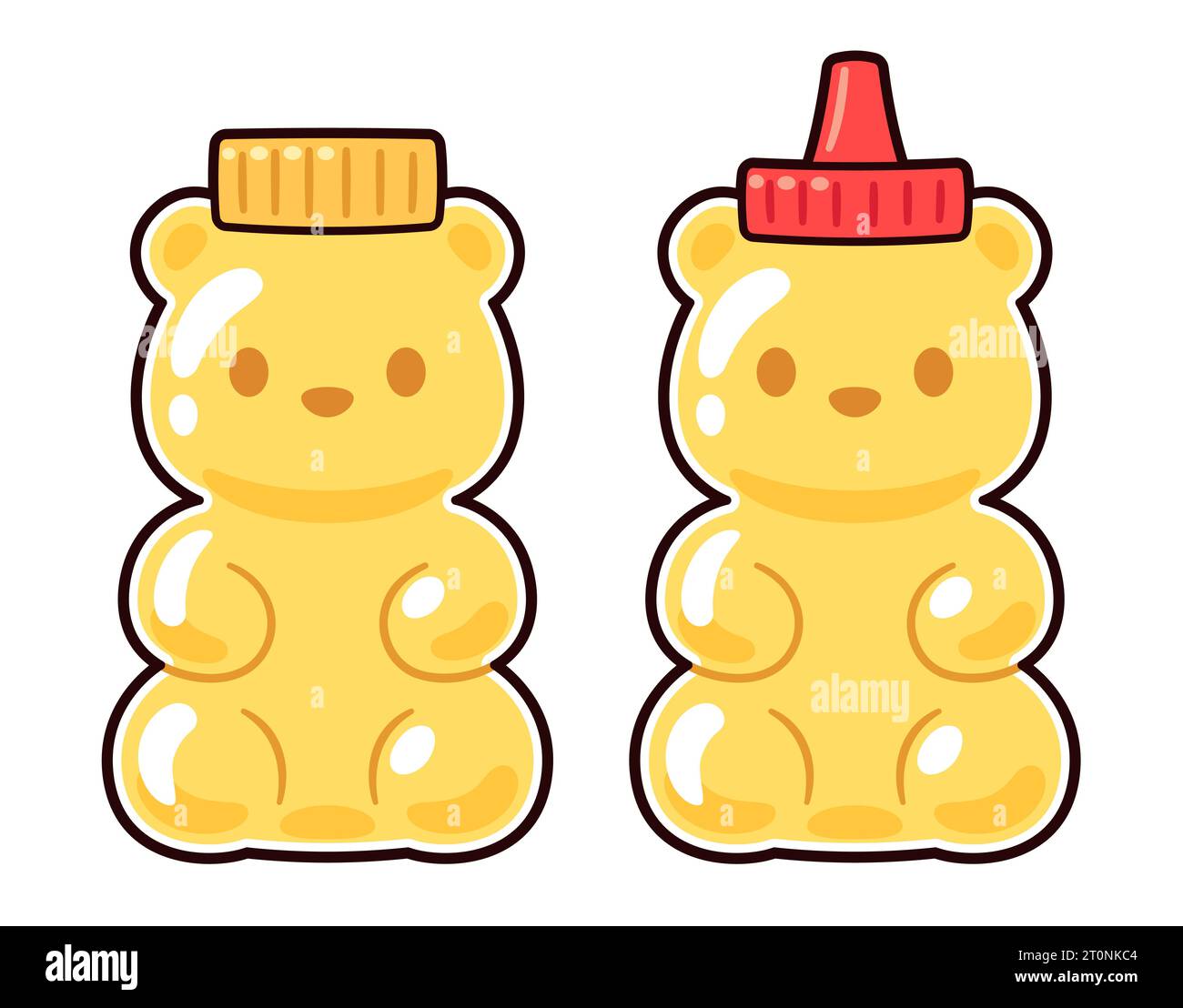 Two cute cartoon bear shaped honey bottles drawing. Animal packaging design. Vector clip art Illustration. Stock Vector