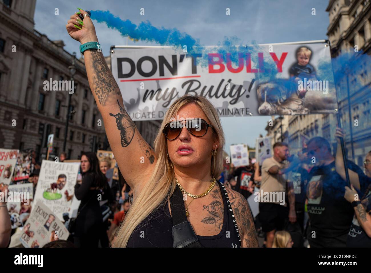 October 8, 2023, London, United Kingdom: Hundreds of demonstrators have marched in central London protesting against the British Prime Ministerâ€™s proposed ban on American XL bully dogs. The protesting owners did not bring their dogs to the march as they fear for their beloved pooches. The breed will be banned before the end of 2024 after it has been blamed for a rising number of fatal attacks on people. (Credit Image: © Velar Grant/ZUMA Press Wire) EDITORIAL USAGE ONLY! Not for Commercial USAGE! Stock Photo