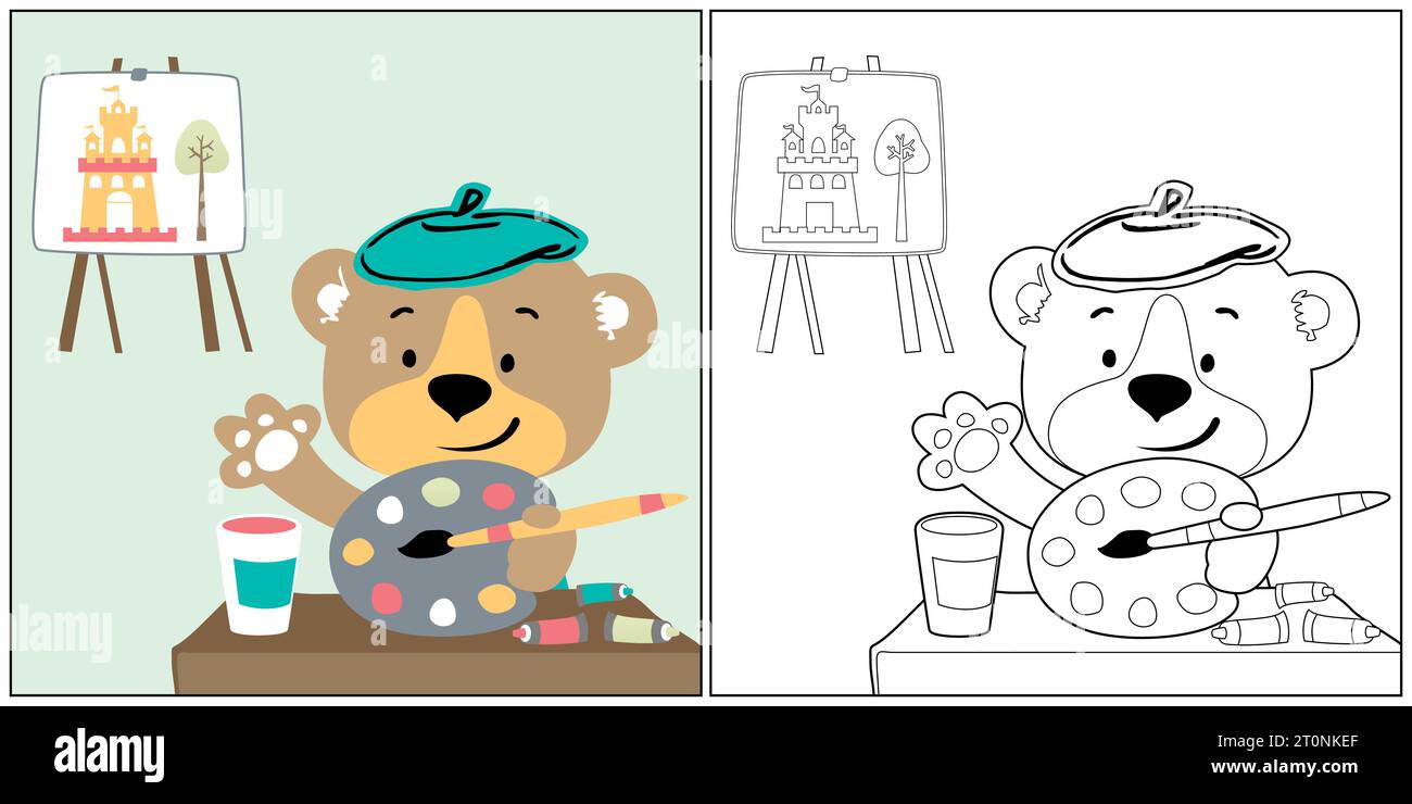 vector cartoon of funny bear the painter, coloring book or page Stock Vector