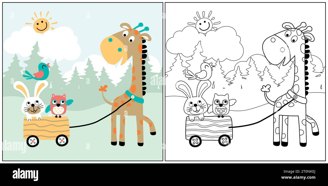 vector cartoon of cute giraffe pulling it friends with cart, coloring book or page Stock Vector