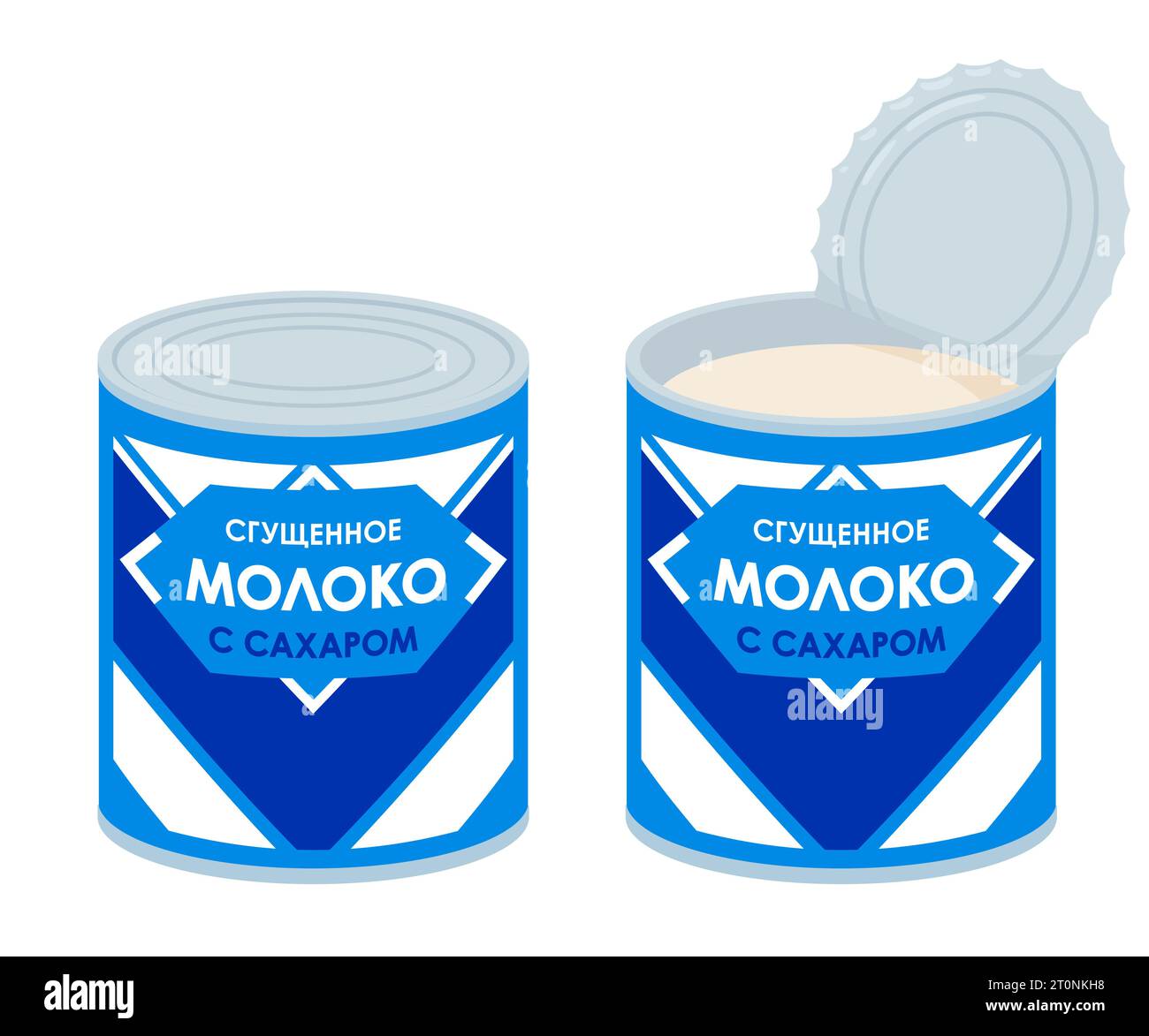 Vintage canned condensed milk. Russian text: 'Condensed milk with sugar'. Cartoon vector clip art illustration. Stock Vector