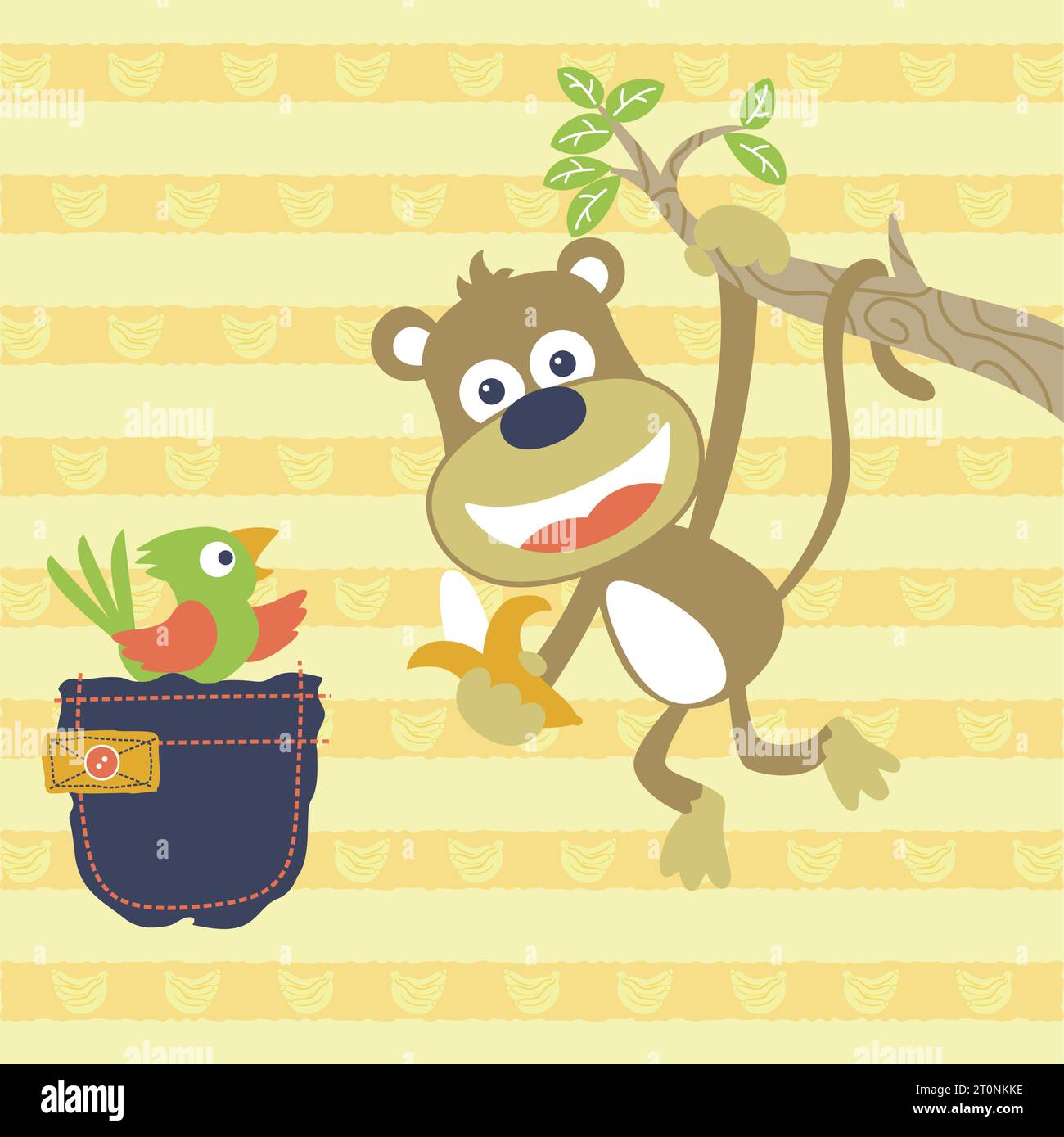 vector cartoon of cute monkey hanging in tree branches while holding