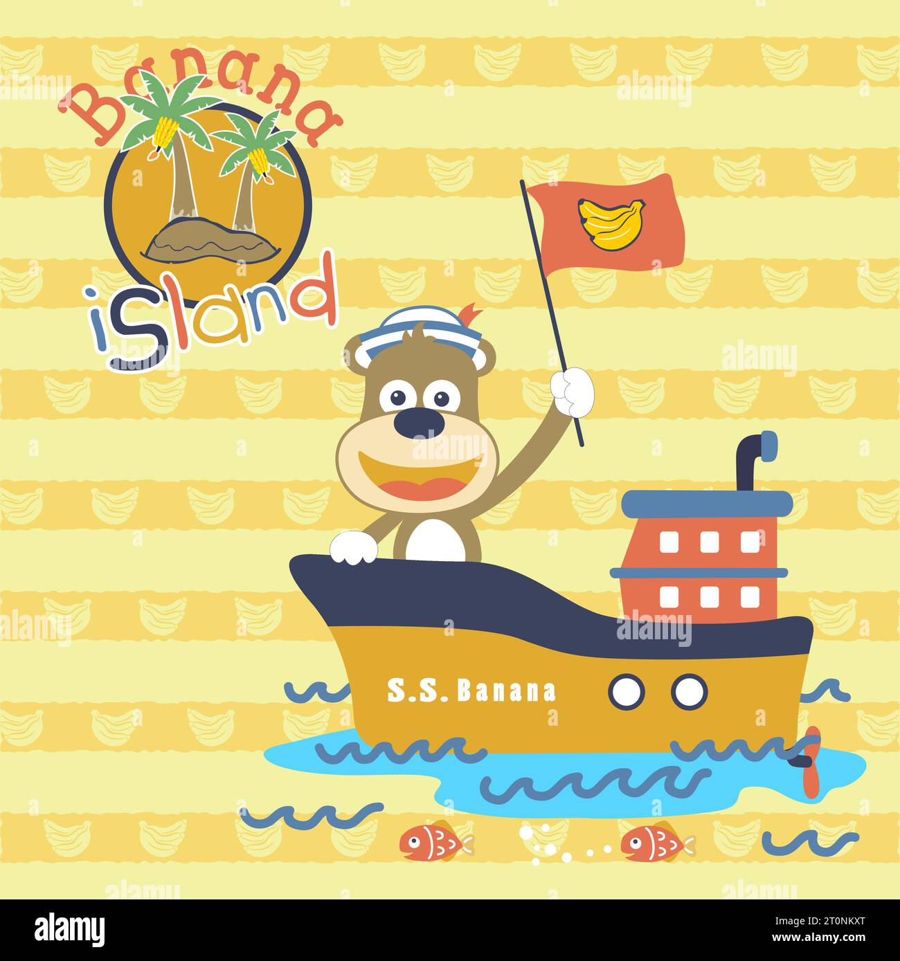 Cute monkey on boat going to banana island on banana striped background, vector cartoon illustration Stock Vector