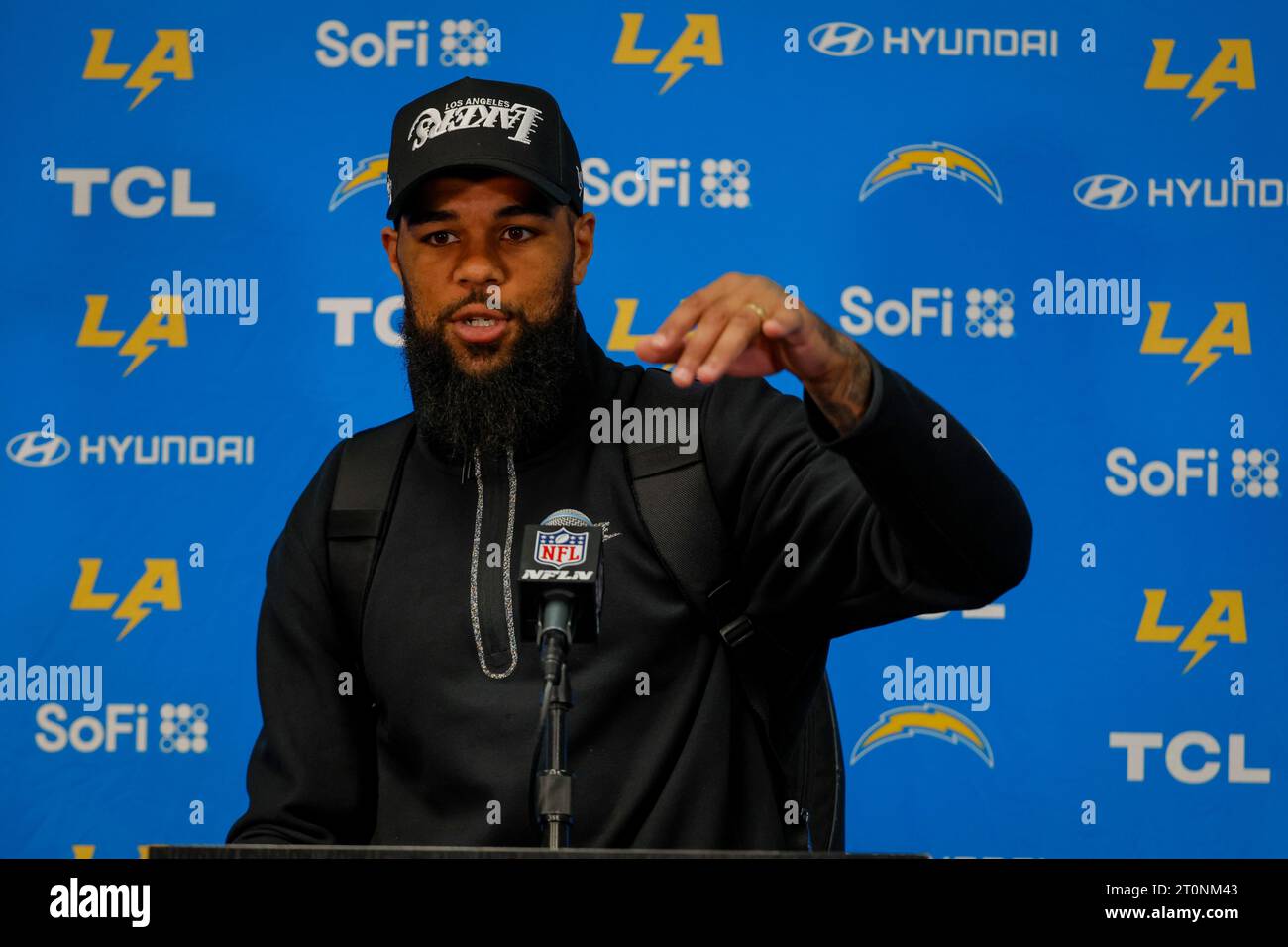 Los Angeles Chargers wide receiver Keenan Allen speaks during a news ...