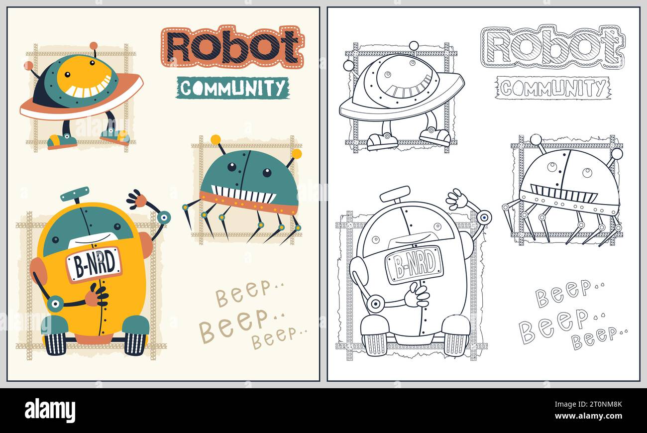 set of funny robots, vector cartoon illustration, coloring book or page Stock Vector