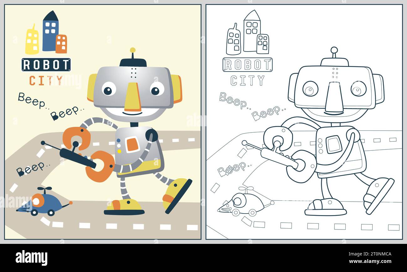 funny robot holding remote control, vector cartoon illustration