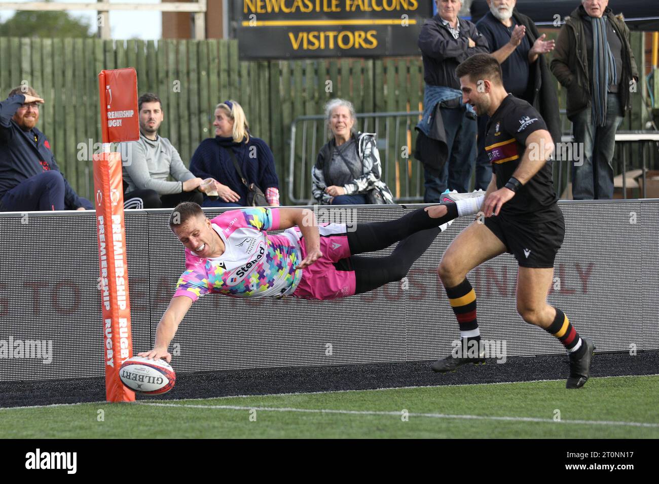 Louis Brown of Newcastle Falcons scores a try to make it 38-13 during the Premiership Cup match between Newcastle Falcons and Caldy at Kingston Park, Newcastle on Sunday 8th October 2023. (Photo: Robert Smith | MI News) Credit: MI News & Sport /Alamy Live News Stock Photo