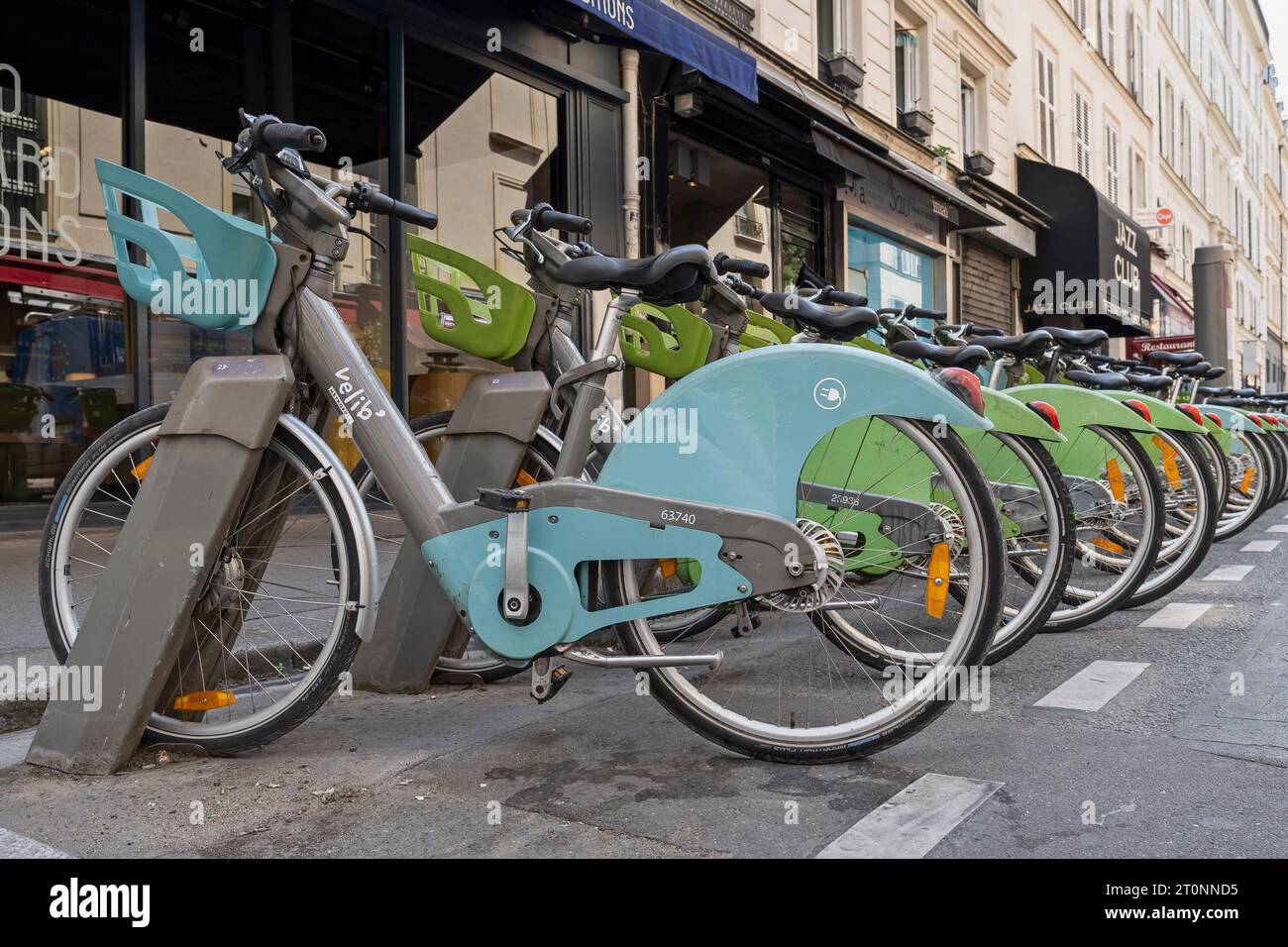 Velib bike rental docking station. Bicycle sharing system. Bicycles