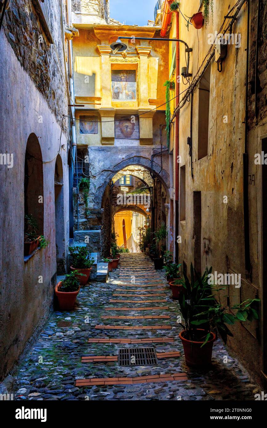 The historic centre of  Taggia is beautiful old town with charming streets of rare beauty. Liguria region, Italy. Stock Photo