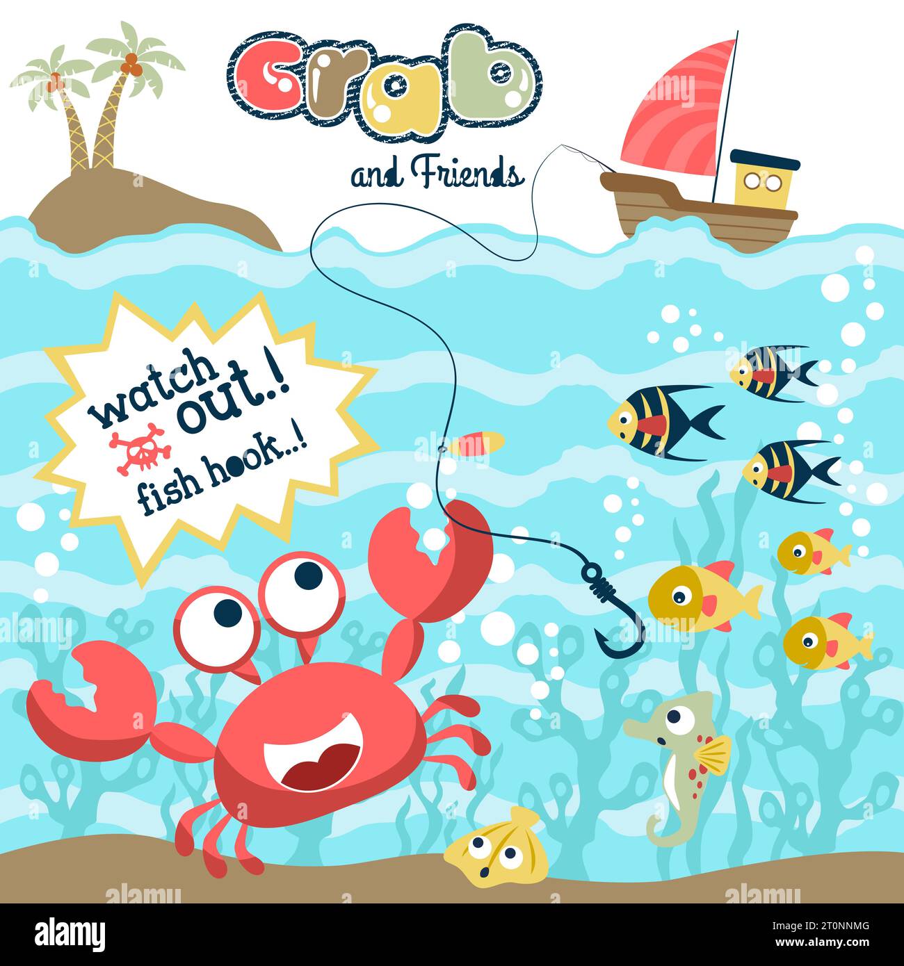 funny-marine-animals-undersea-with-sailboat-cartoon-vector