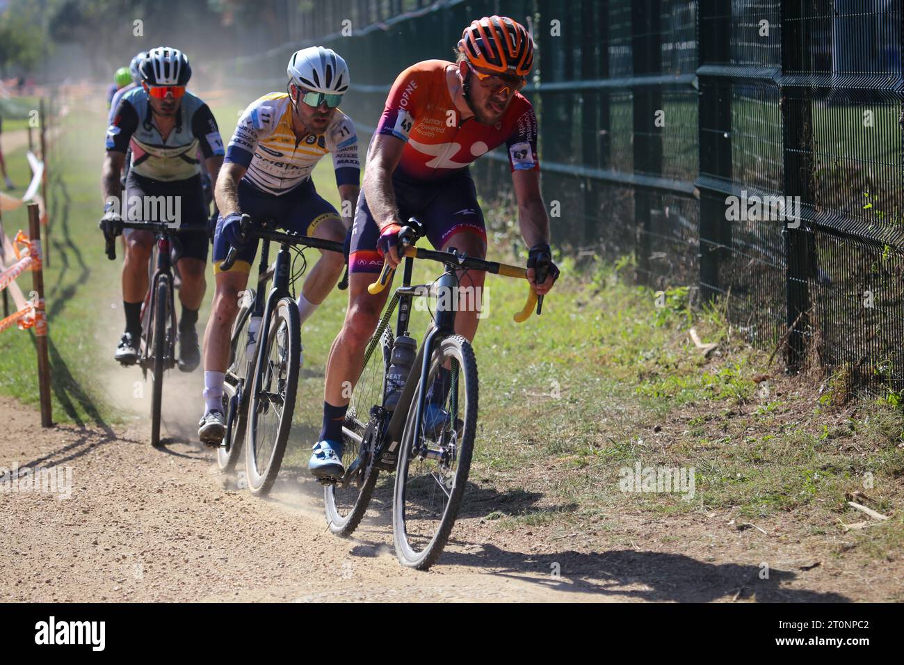 Pontevedra, Spain, October 7th, 2023: The cyclist, Gage Hecht (49, R) leads a group during the men's elite test of the Gran Premio Cidade de Pontevedra 2023, on October 7, 2023, in Pontevedra, Spain. (Photo by Alberto Brevers / Pacific Press/Sipa USA) Stock Photo