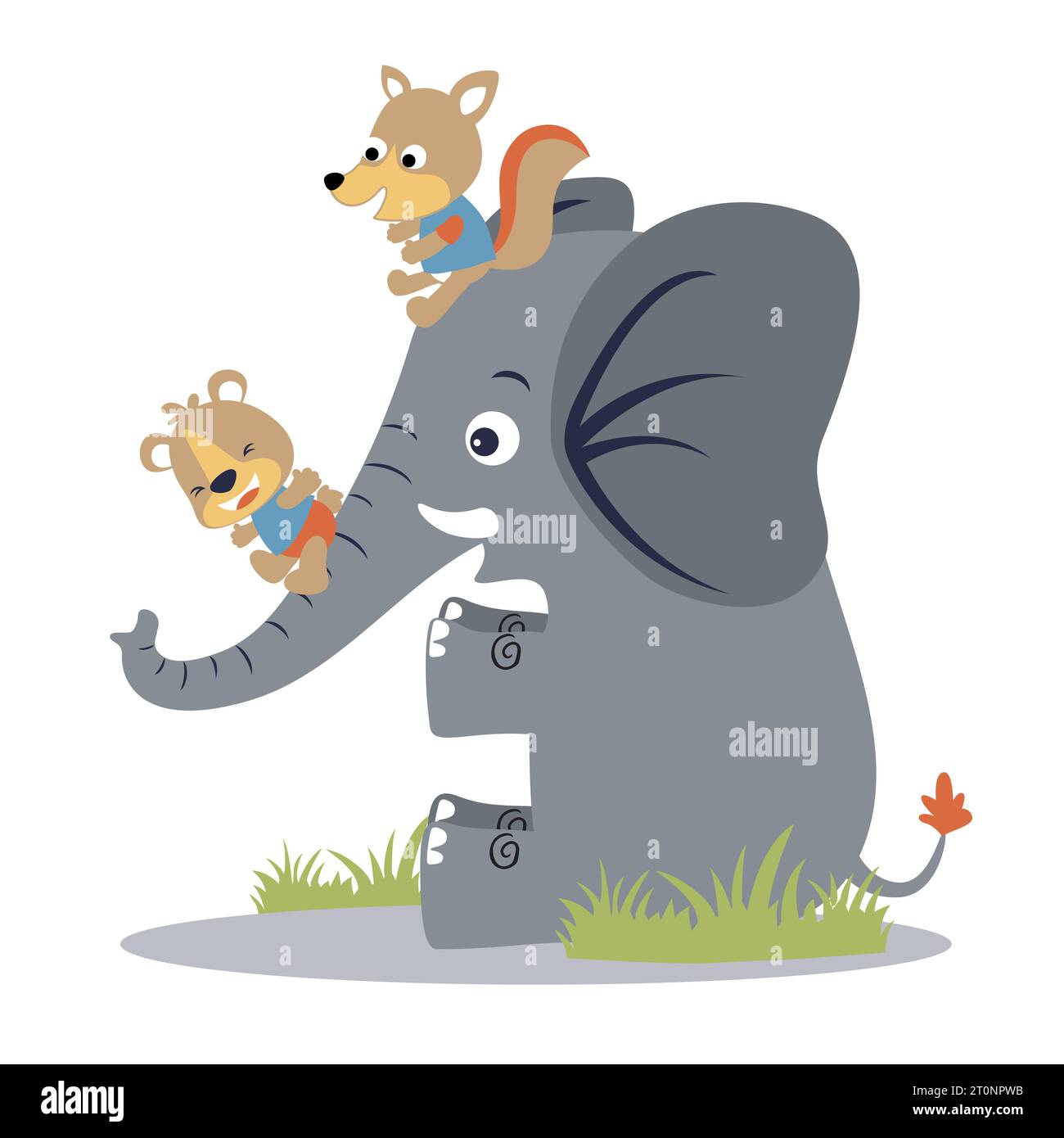Funny bear with fox sliding on elephants trunk. Vector cartoon illustration Stock Vector