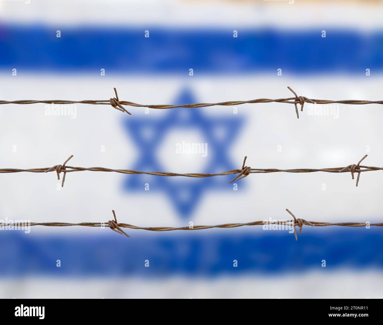 Israeli Border Sign Metal fence with barbed wire on a Israeli flag. Separation concept ...